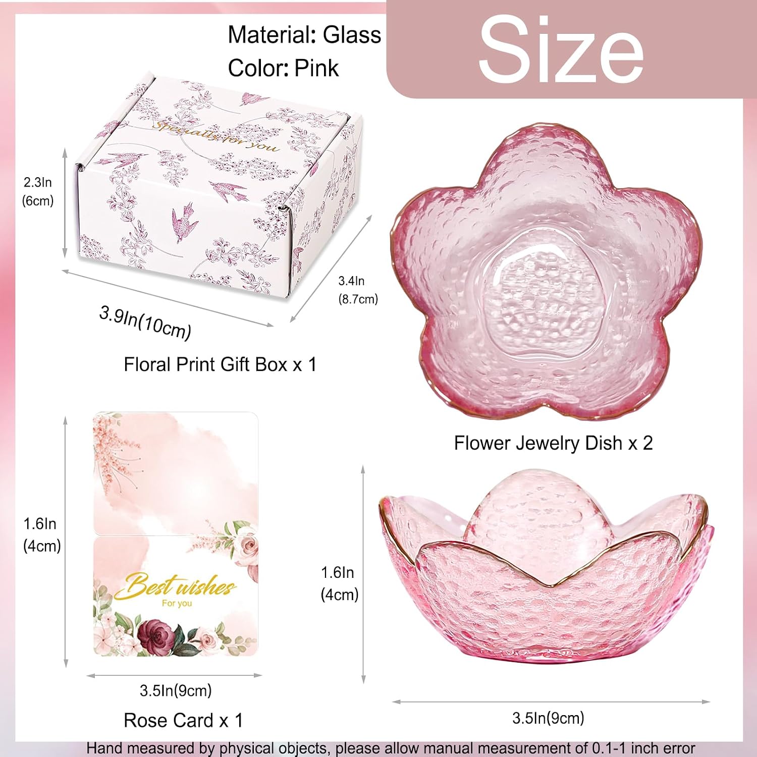 Gifts for Women Trinket Dish Flower Jewelry Dish Pink Glass Ring / Golden-edged Pink / Set of 2