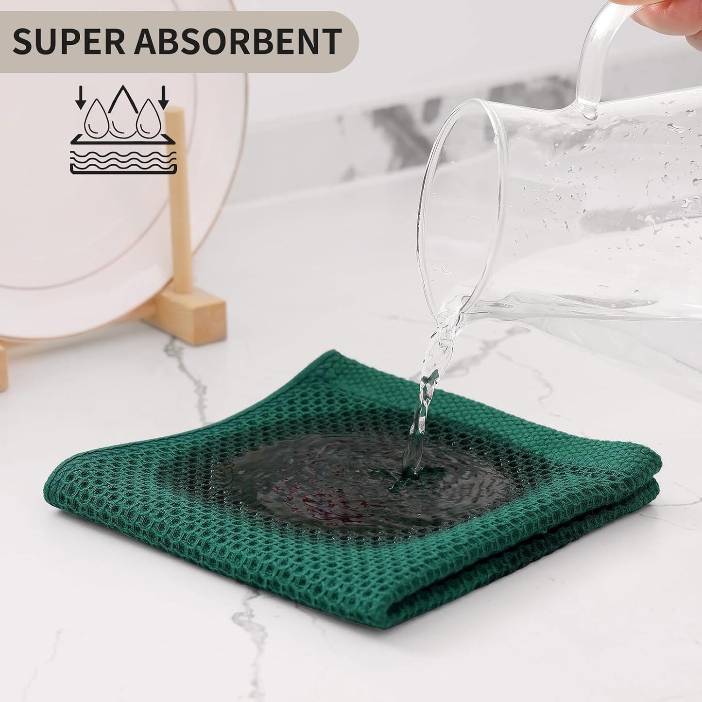 Kitinjoy 100% Cotton Waffle 8-Pack Kitchen Towels, 12" x 12", Dark Green | Ultra Absorbent, Super Soft, lightweight