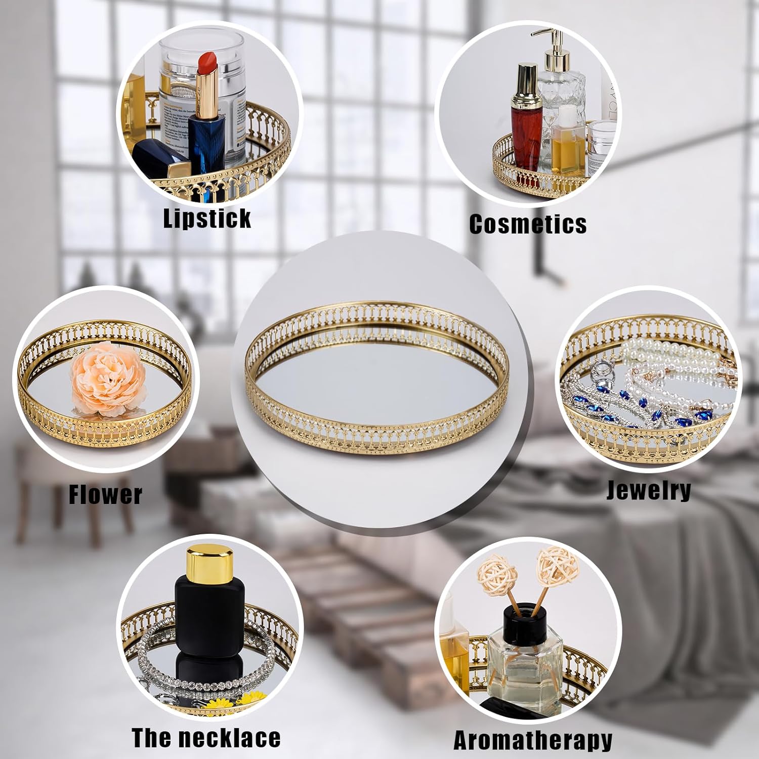 Metal Decorative Jewelry Storage Tray Cosmetic Perfume Organizer / 6.8 / Gold