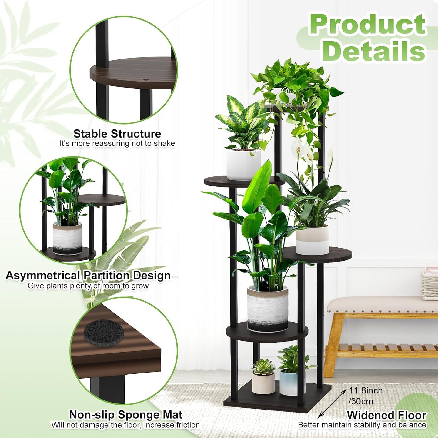5 Tier Wood Tall Plant Stand Metal Rack Indoor, Multiple Flower Pot Holder Shelves Corner Rack, Round Planter Shelf