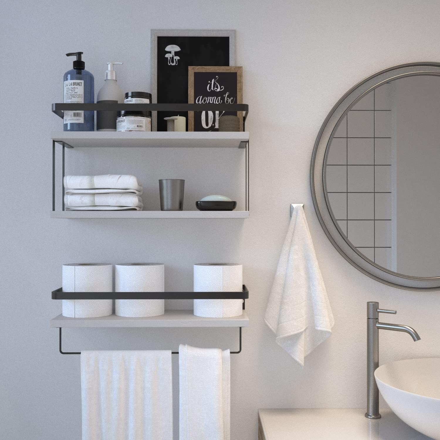 RICHER HOUSE Floating Shelves Bathroom, Wall Mounted Shelf Over Toilet | 2+1 Tier, with Metal Rail, Towel Rack, Paper