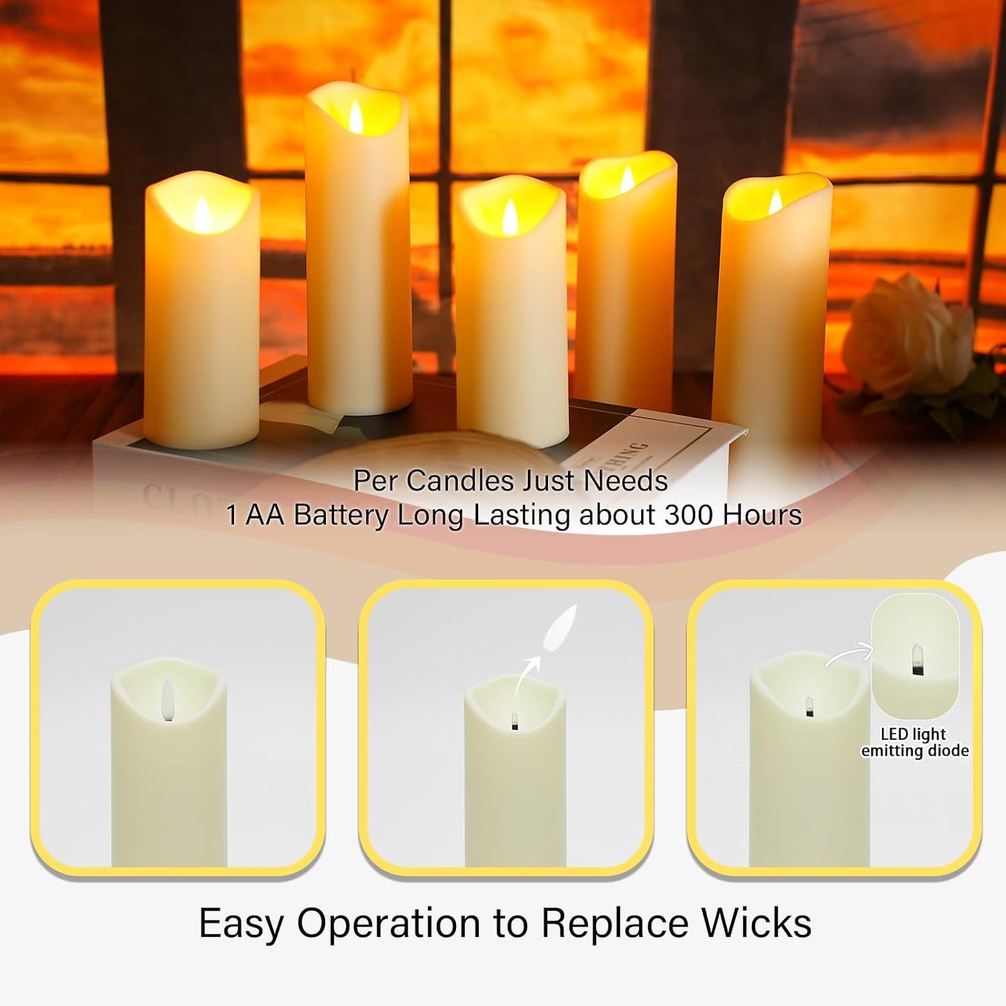 kakoya Flickering Flameless Candles, Battery Operated Acrylic LED Pillar Candles with Remote Control and Timer,Set of 9