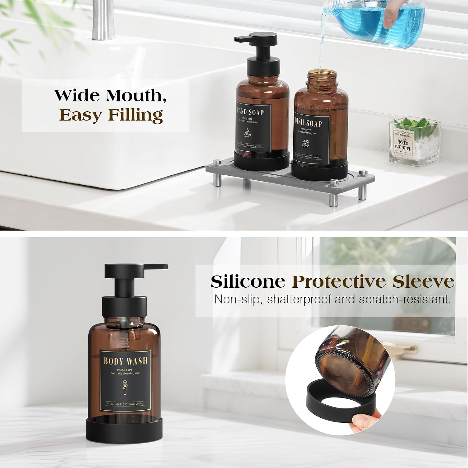 Luxspire 15oz Glass Foaming Soap Dispenser Set, Amber + Dark Gray, 2 Pack | Anti-drip pump, wide mouth easy refill