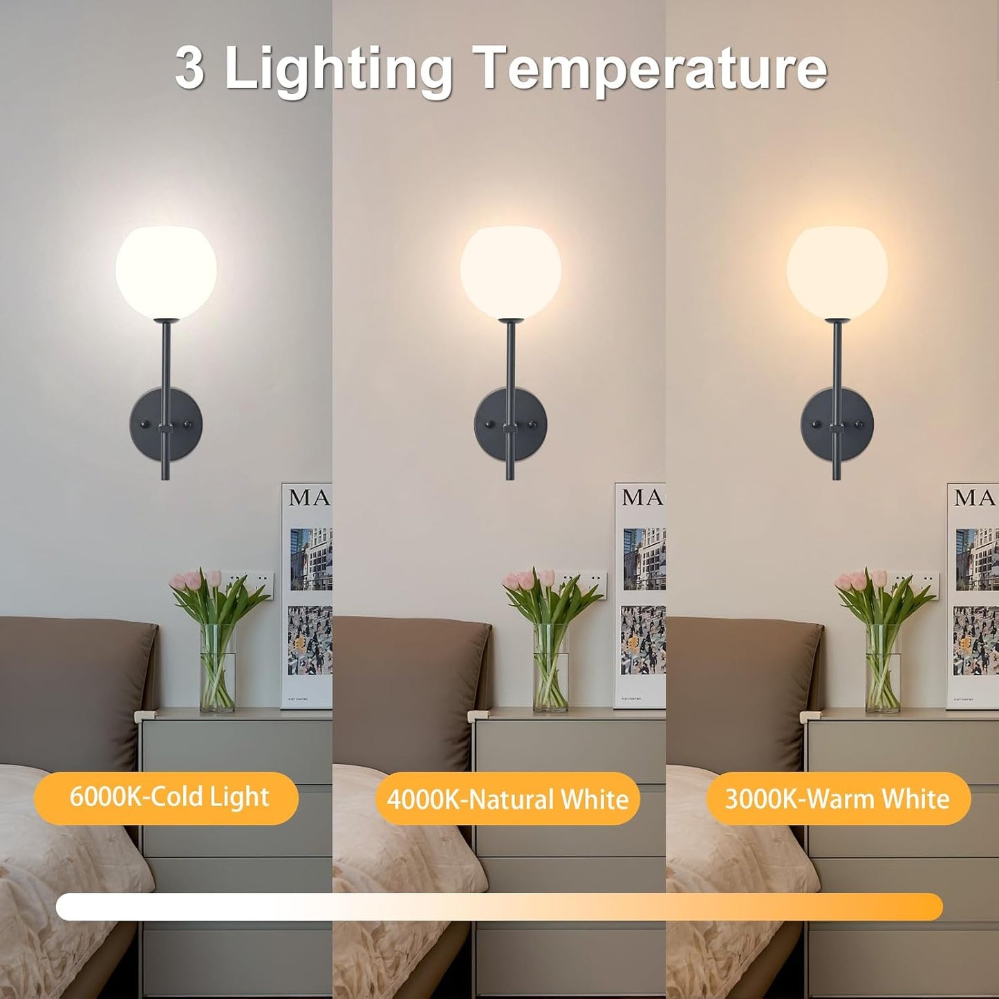 Black Battery Operated Wall Sconces Set of 2, Rechargeable Wireless Wall Lights with Milky White Frosted Glass Shade