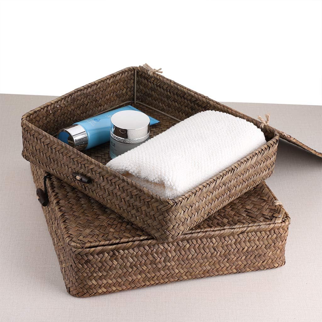 Flat Woven Wicker Storage Bins / Small+large / Coffee / Natural / Set of 2