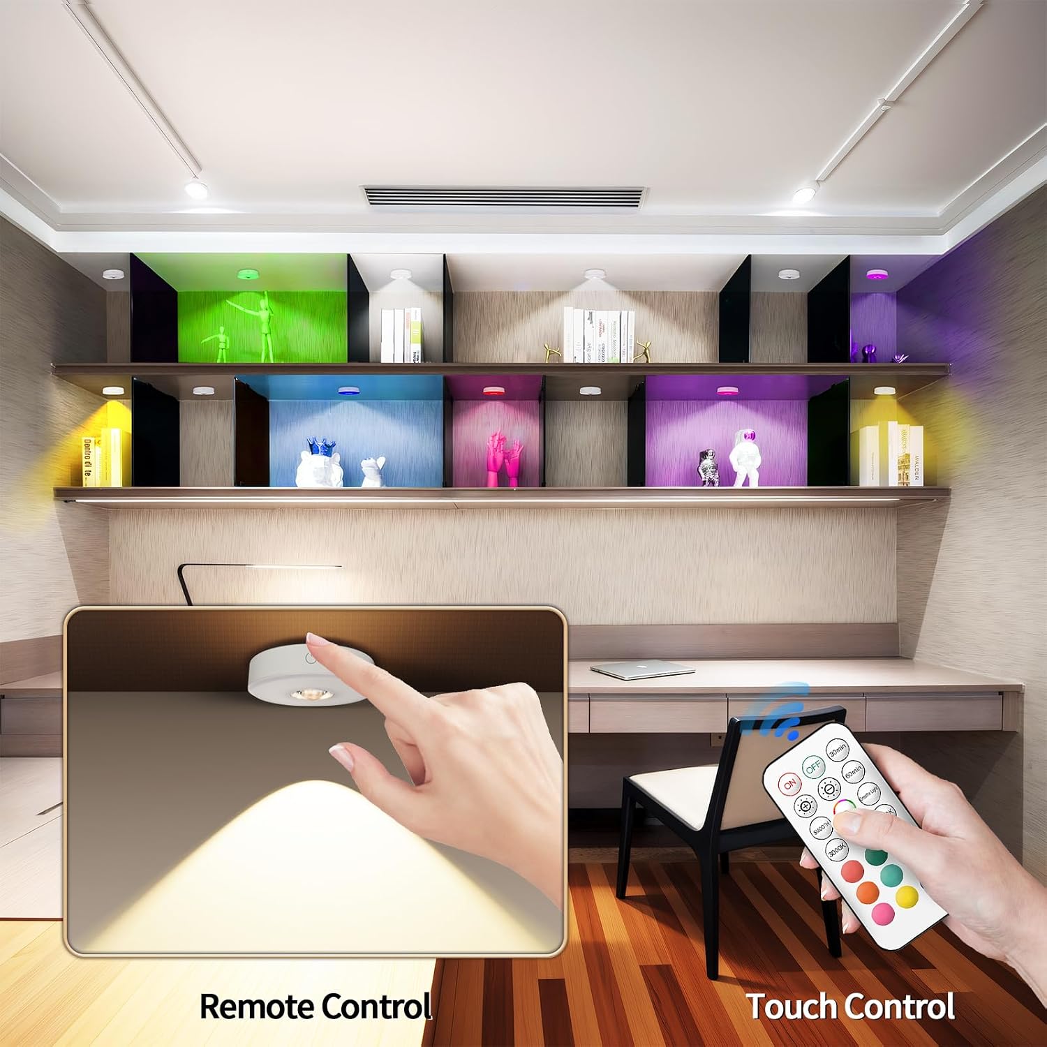Rechargeable Puck Lights with Remote Control, 12 Color Changing Under Cabinet Lighting, Wireless RGB tv Led lights for