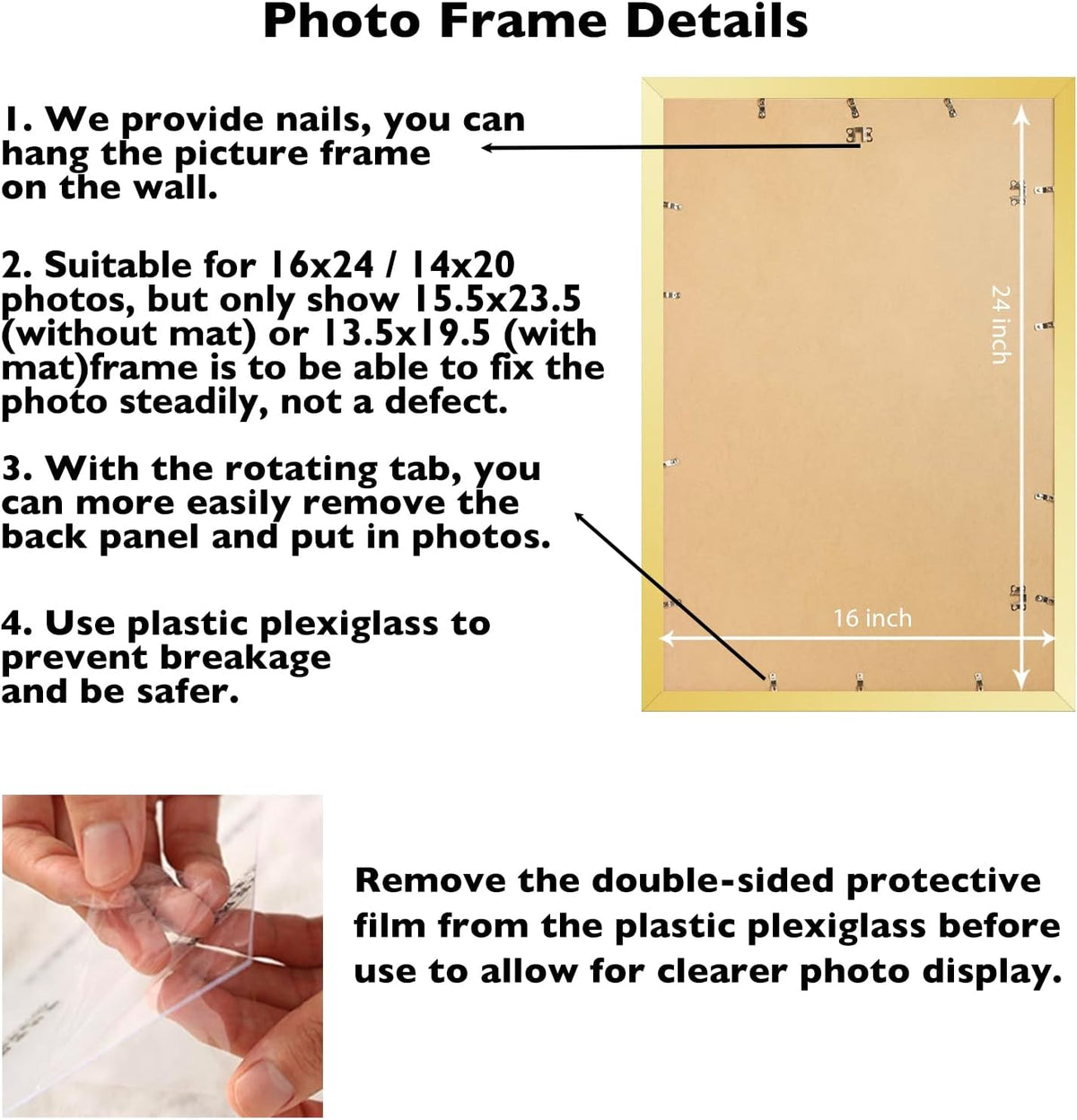 JCJMY 16x24 Picture Frame with Mat for Poster Photo and 40x60 cm Canvas, Display 14x20 with Mat or 16 x 24 without