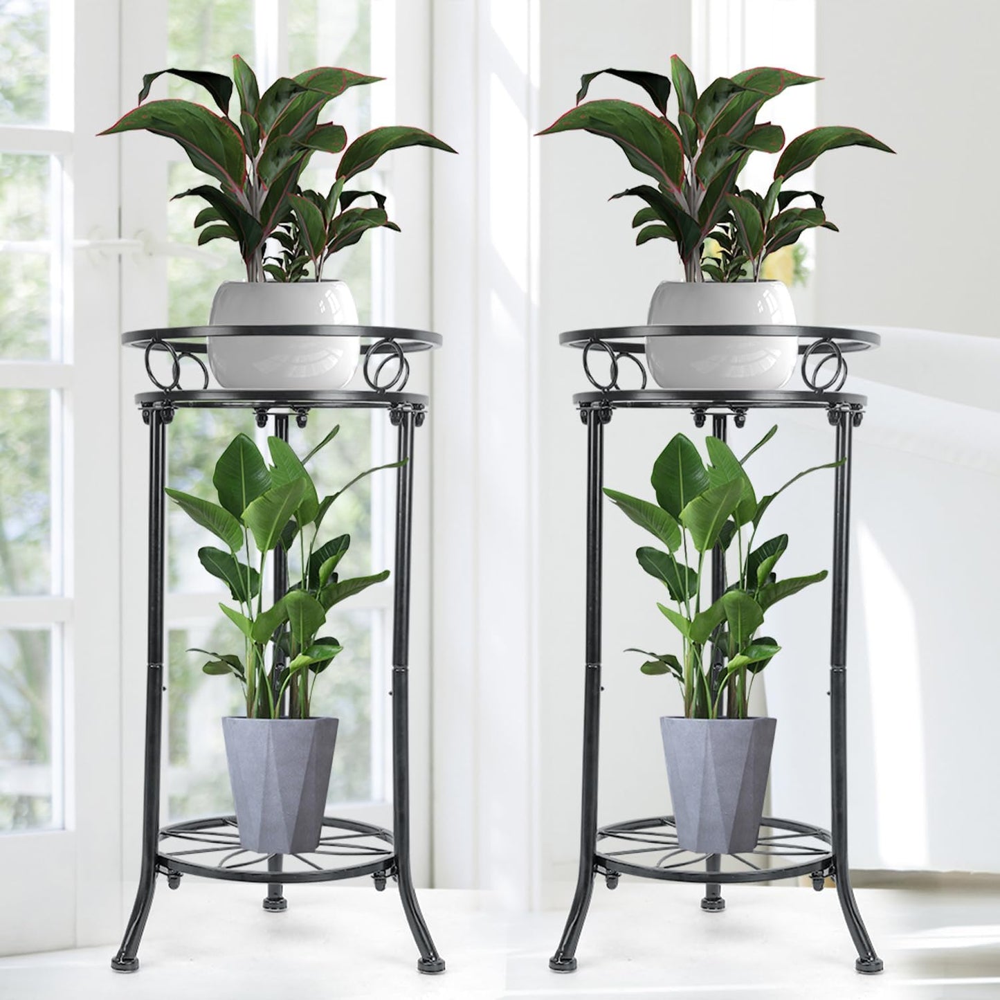2 Pack 2 Tier Plant Stands for Indoor Outdoor Plants, 20.3" Tall Metal Plant Stand with Flower Pot Holder, Corner Plant