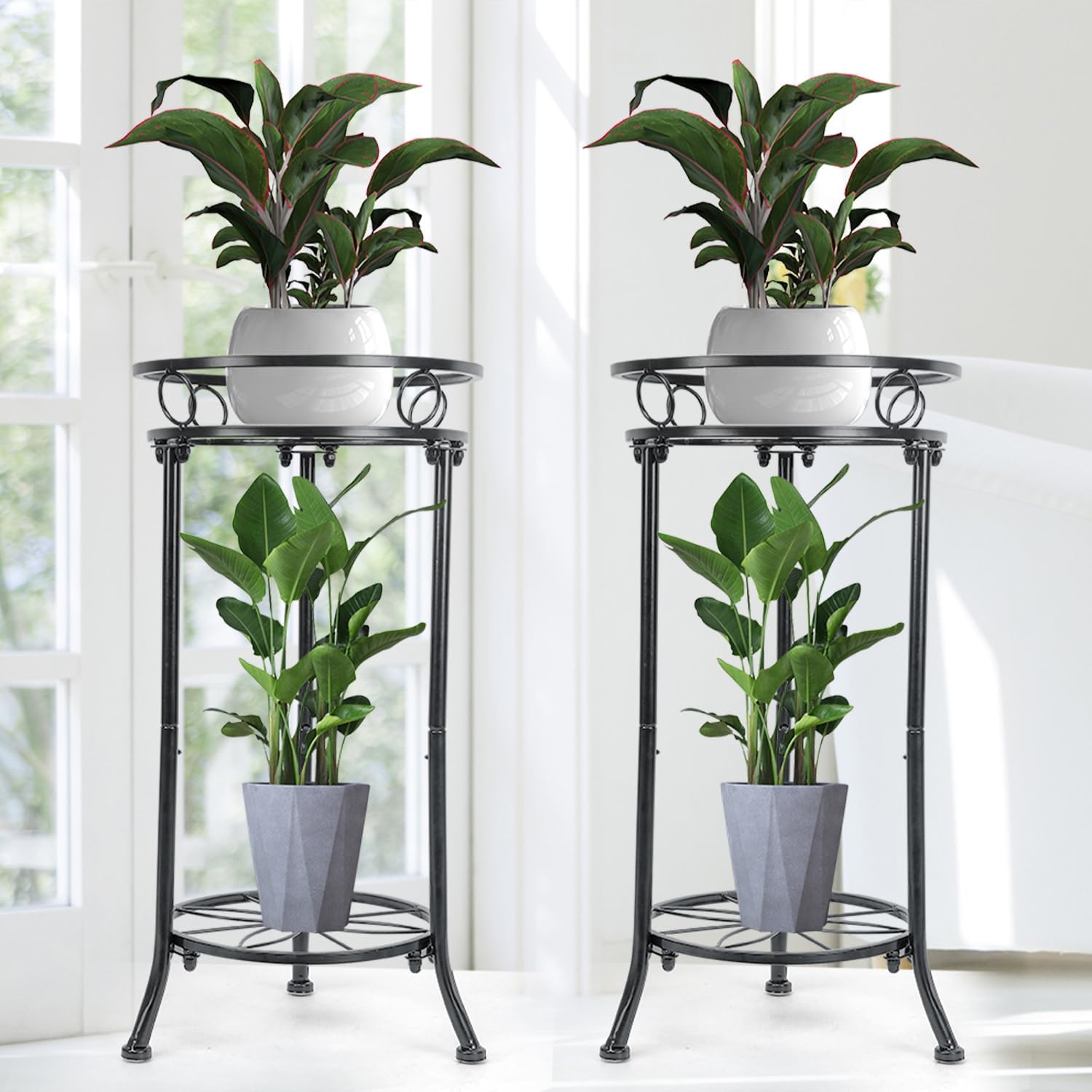 2 Pack 2 Tier Plant Stands for Indoor Outdoor Plants, 20.3" Tall Metal Plant Stand with Flower Pot Holder, Corner Plant
