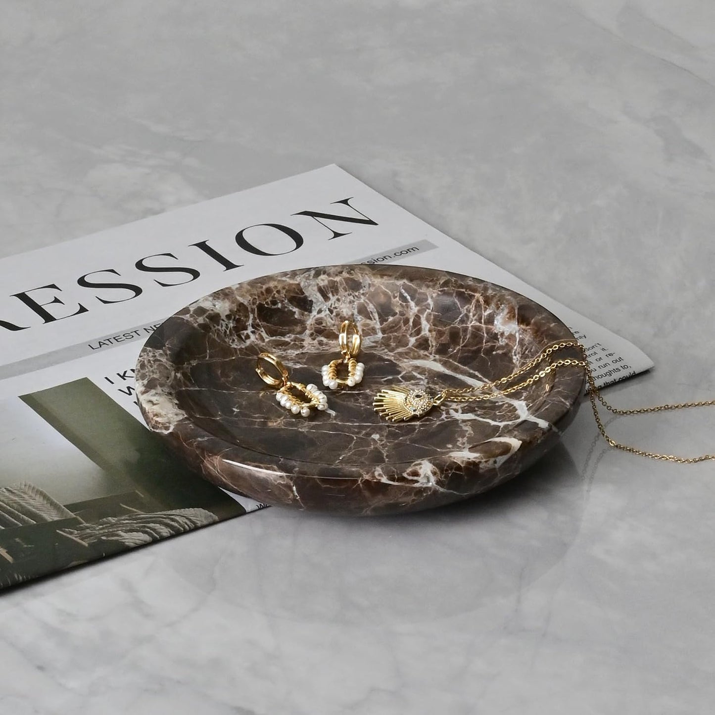 Marble Ring Dish Jewelry Tray / Emperador Dark / Natural