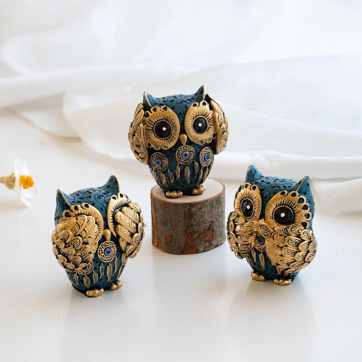 Decorative See No Evil Hear No Evil Speak No Evil Owl Figurines / Blue / Set of 3