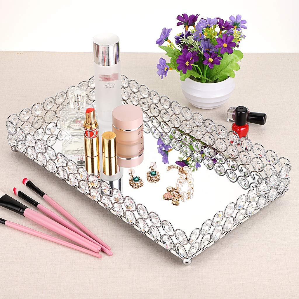 Crystal Cosmetic Vanity Tray / 13.8 x 7.9 x 2 / Silver