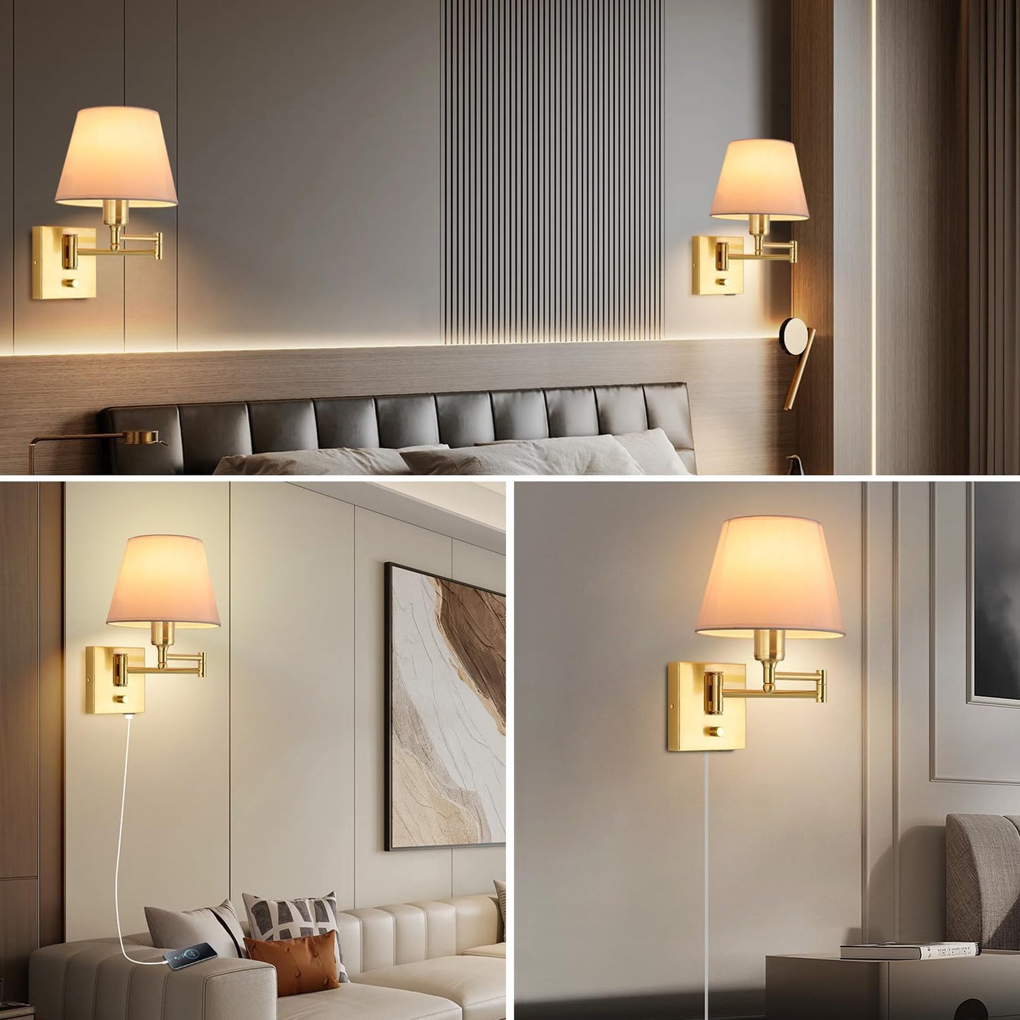 Bedside Wall Mount Light with Dimmable Switch, Swing Arm Fabric Shade Wall Sconce Light with USB Port and Plug in Cord