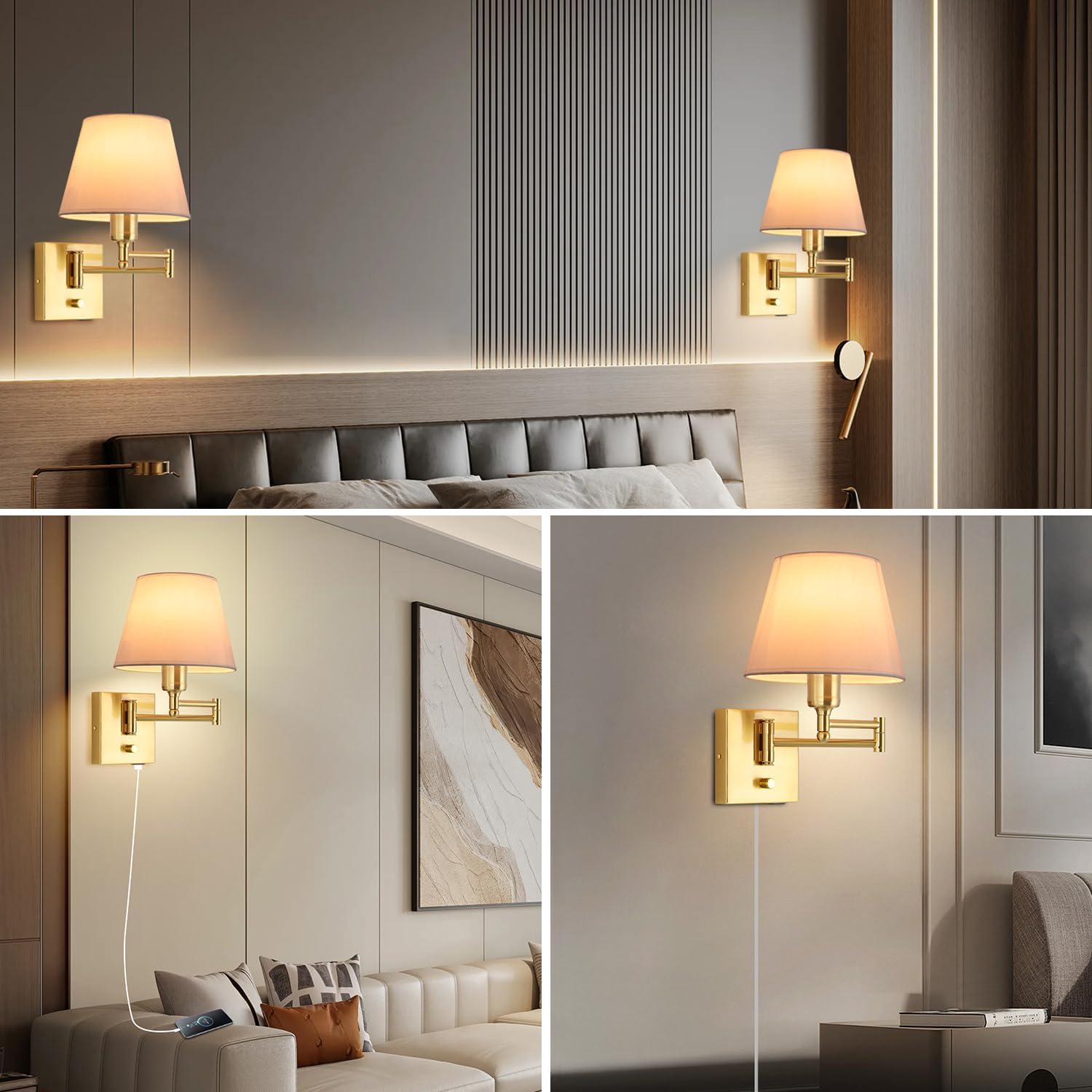 Bedside Wall Mount Light with Dimmable Switch, Swing Arm Fabric Shade Wall Sconce Light with USB Port and Plug in Cord