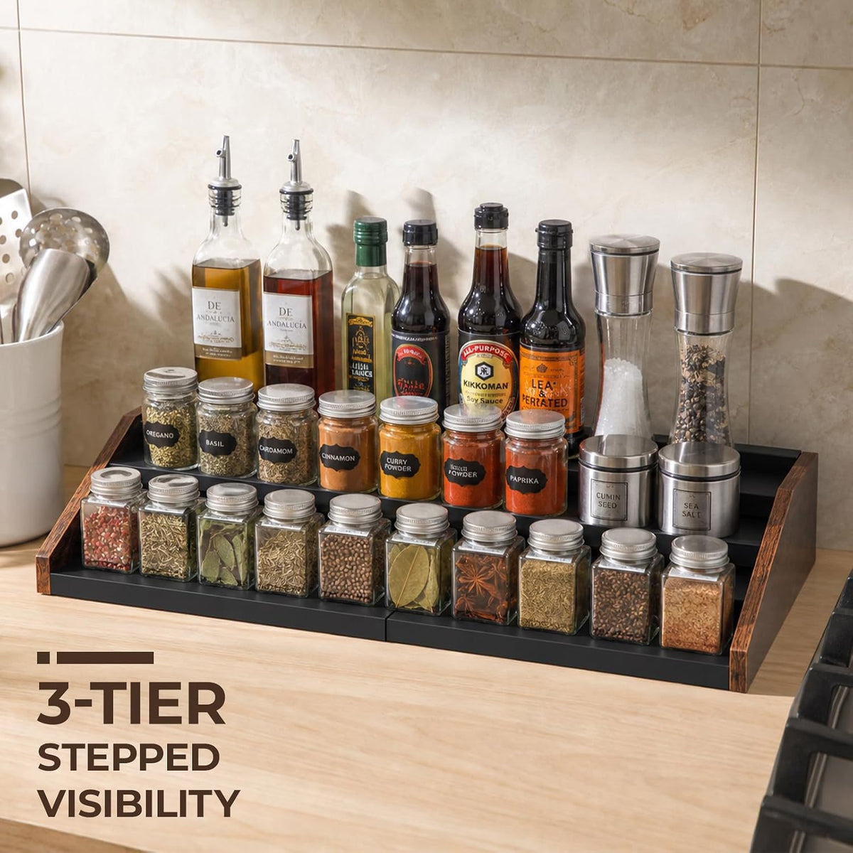 3-Tier Expandable Spice Rack Organizer, 12.8-22.6 in, Rustic Brown | Adjustable, Countertop Stepped wood & iron