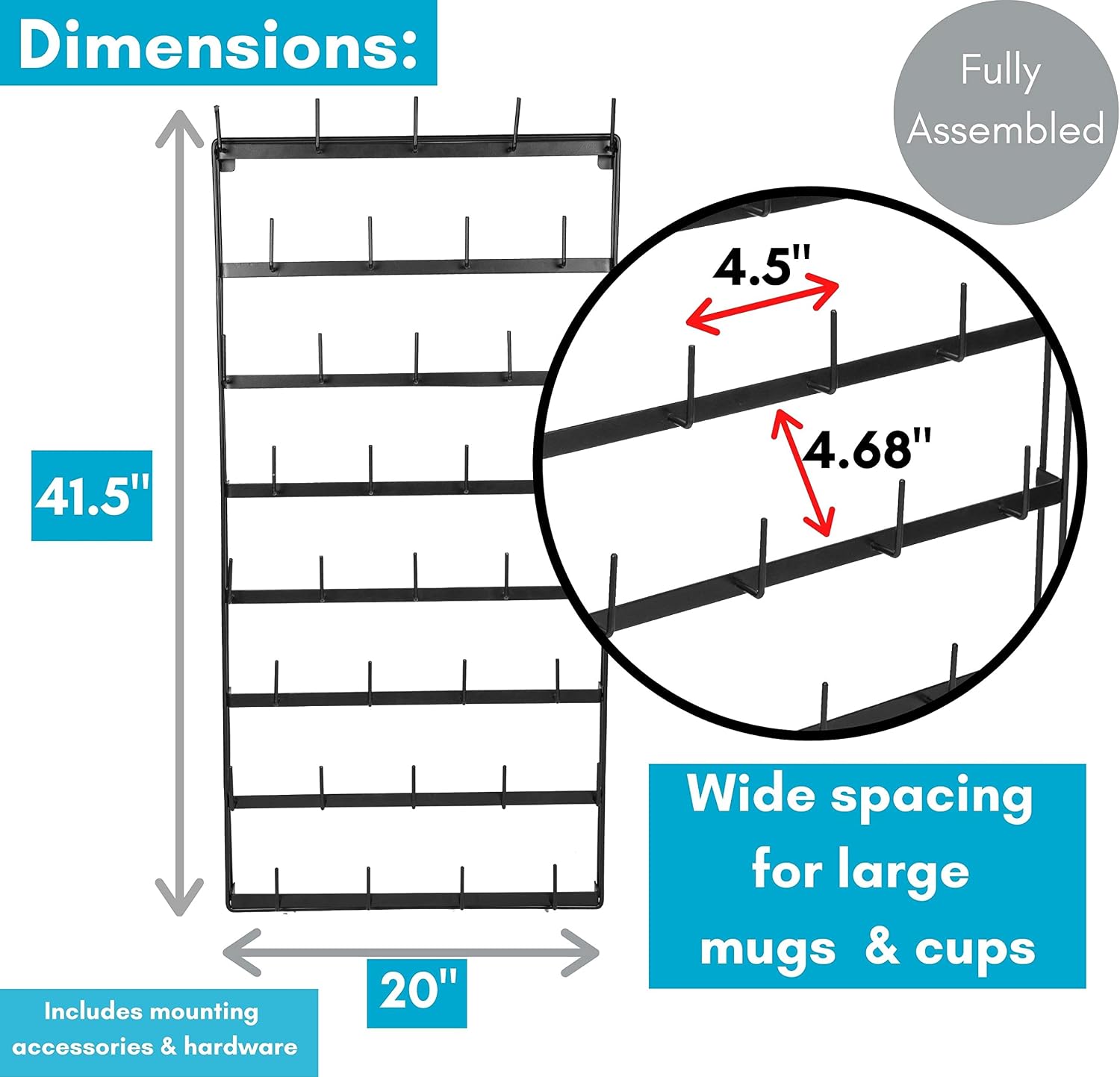 BIRDROCK HOME 36 Peg Coffee Mug Organizer Wall - 8 Tier Wall Mounted Coffee Mug Holder - Tea Cup Display Shelf Wall