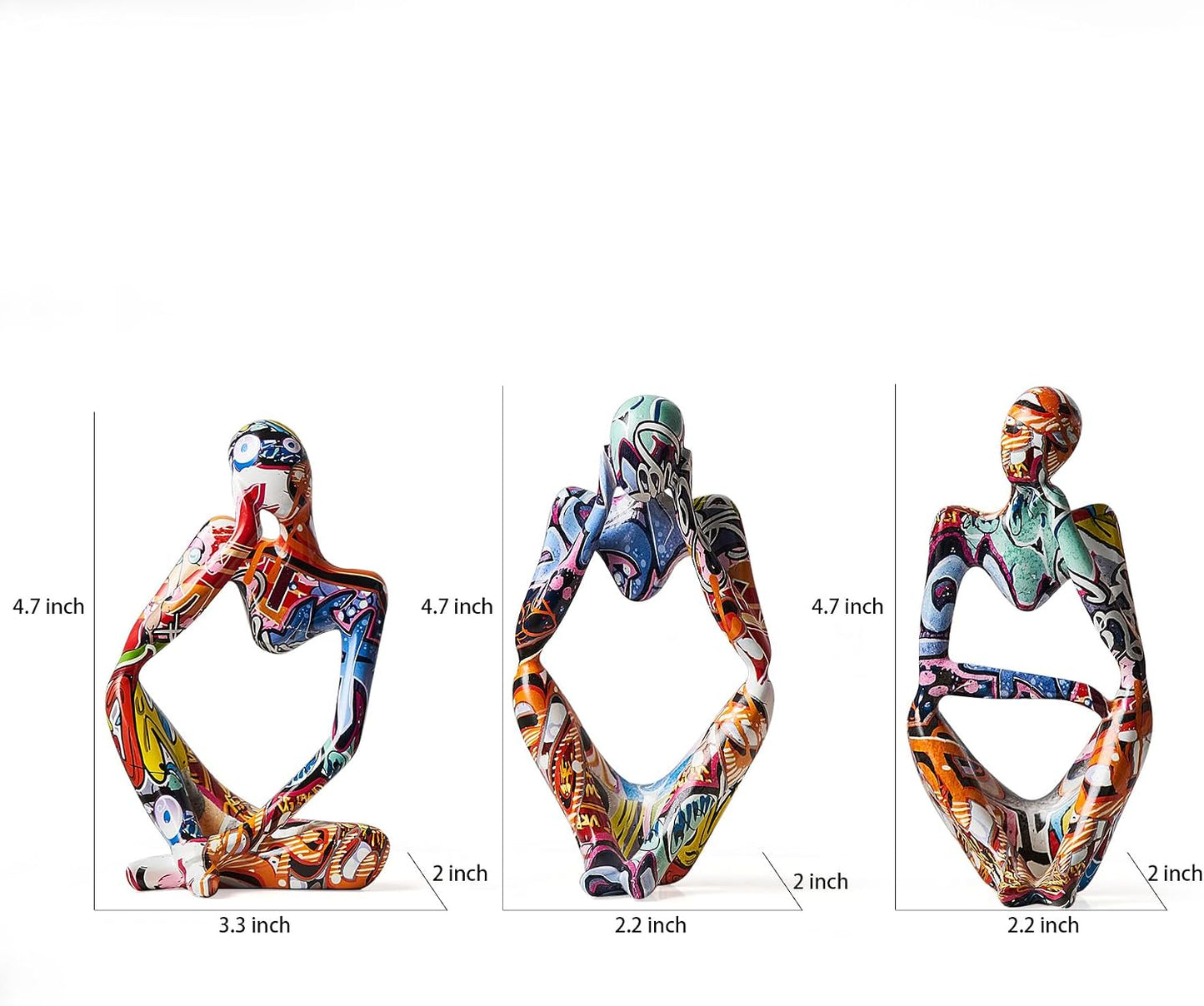 Handmade Art Figurines / Colorful Thinker Statue / Set of 3