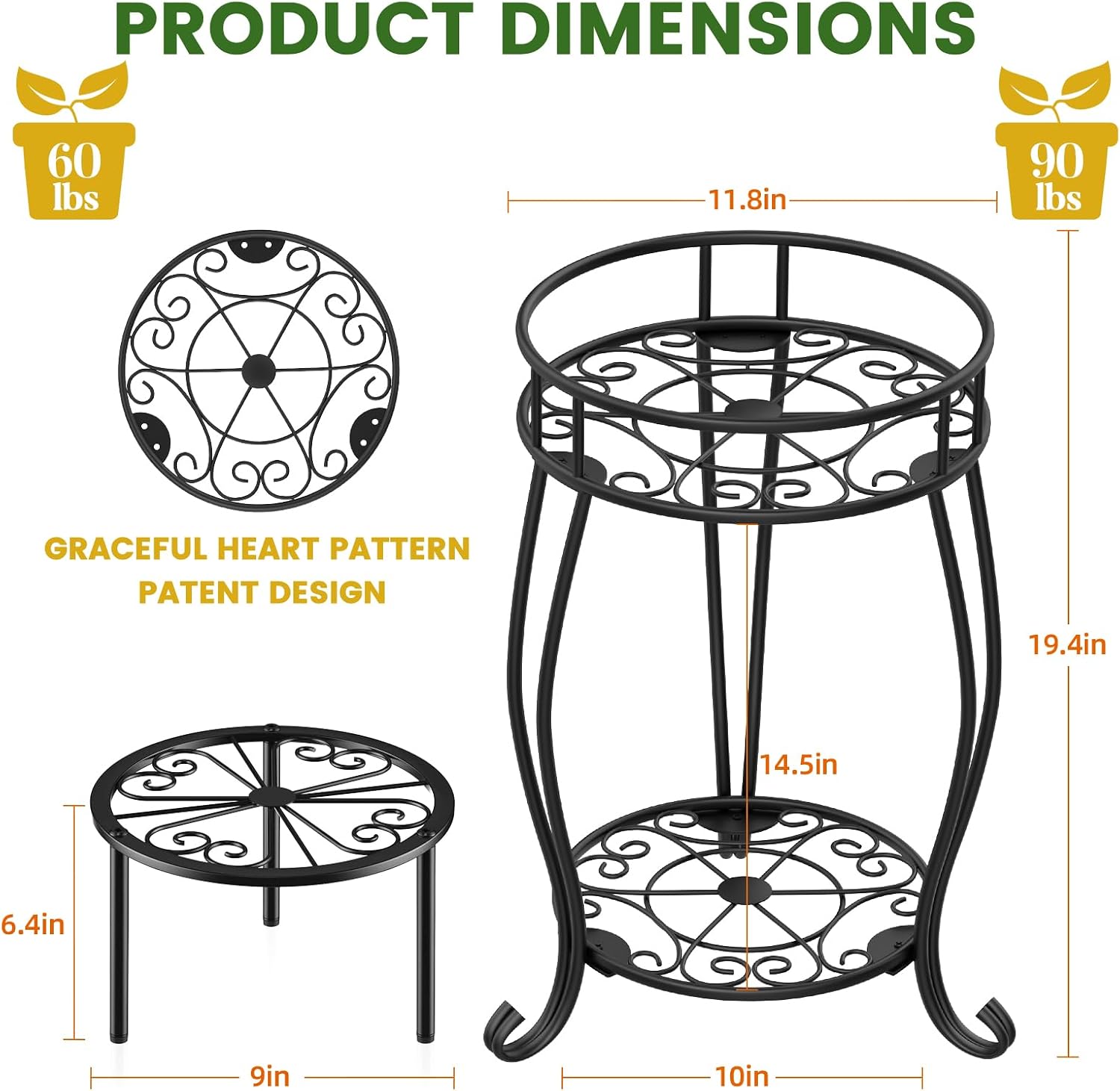 TOSKING 2-Tier & 9.1'' Single Metal Plant Stand Set,Indoor/Outdoor,Black | Single Stand with Adjustable Leveling Feet