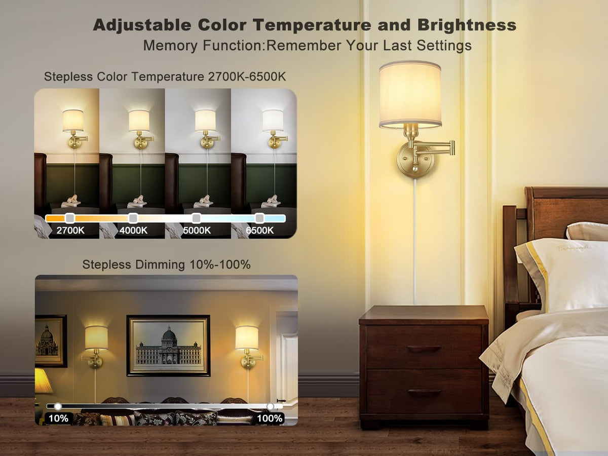 Plug in Wall Sconces with Remote Control, Dimming 10%-100% & Adjustable Colors 2700K-6500K, Hardwire or Plug-in, Swing