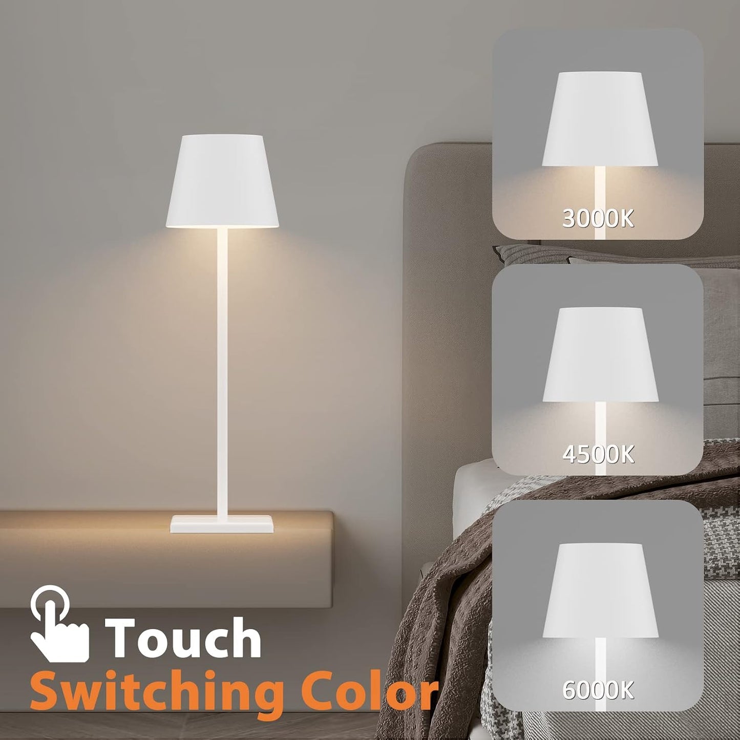 White Cordless Table Lamp, 2 Pack 5500mAh Battery Powered LED Table Light, 3 Color Temperatures Stepless Dimmable