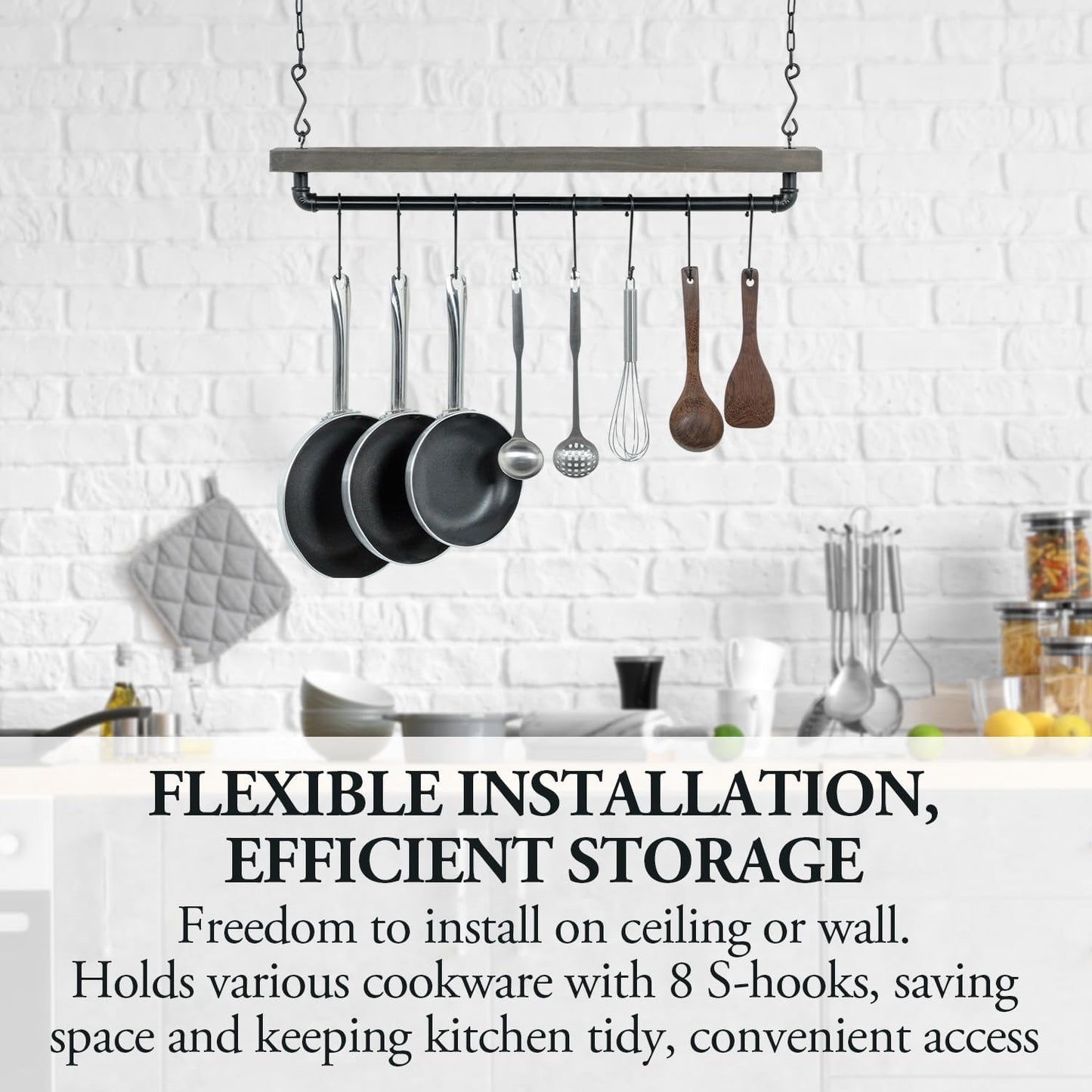 MyGift Wall Ceiling Pot Rack with Shelf, Black Pipe Cookware Organizer | Industrial rack stores pots, pans, and