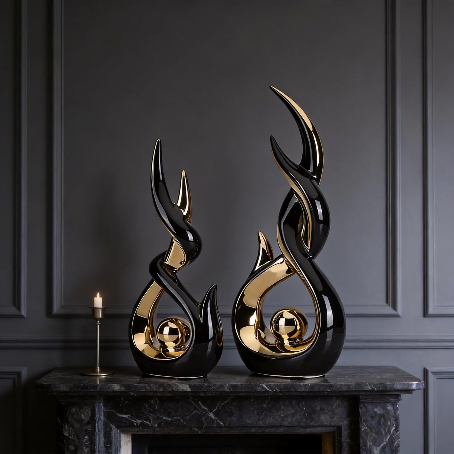 Gold Ceramic Abstract Sculpture / Bg / Black / Set of 2