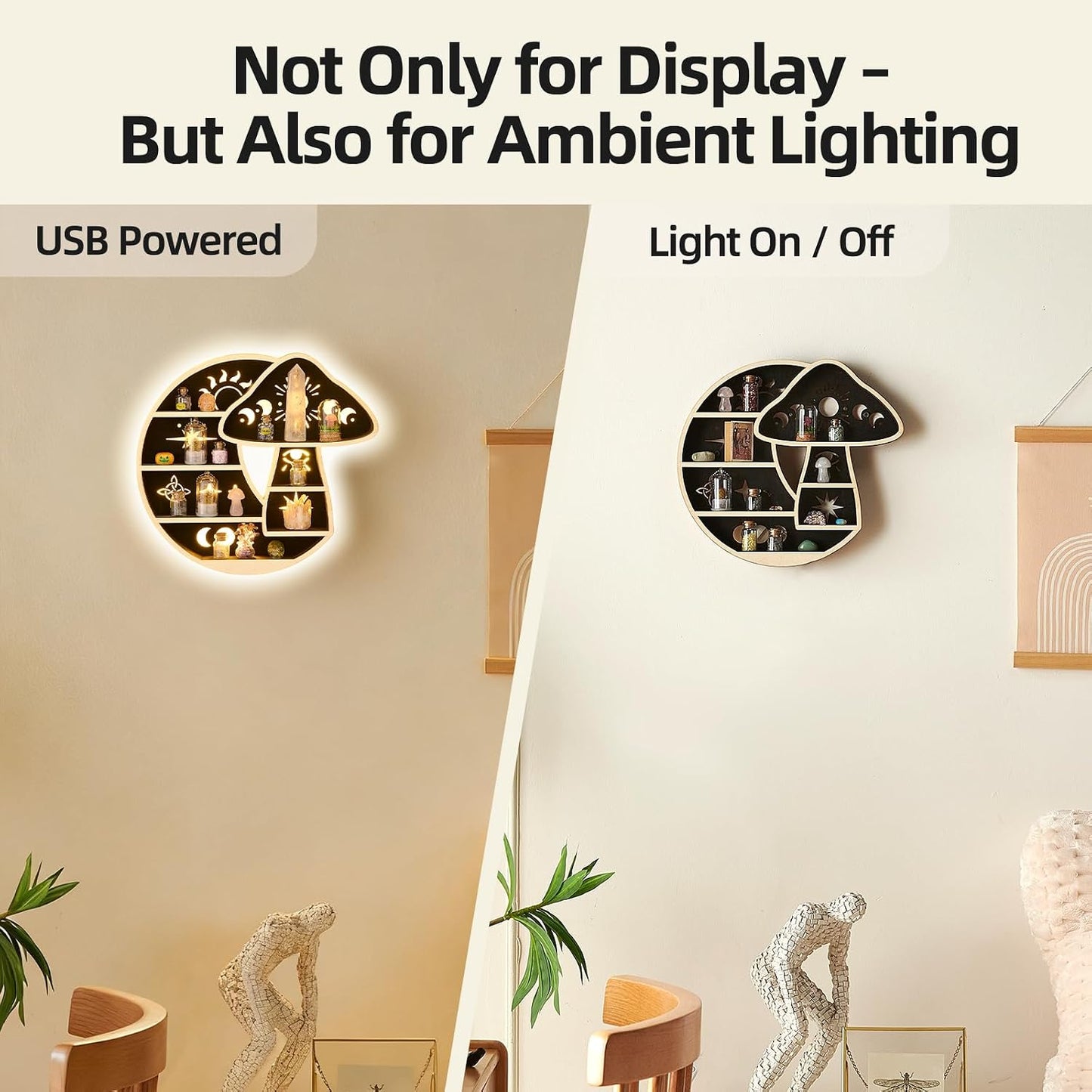 LED Light / Wooden Mushroom Shelf for Crystals Rocks Gems Healing Stones / Mushroom & Moon with Led