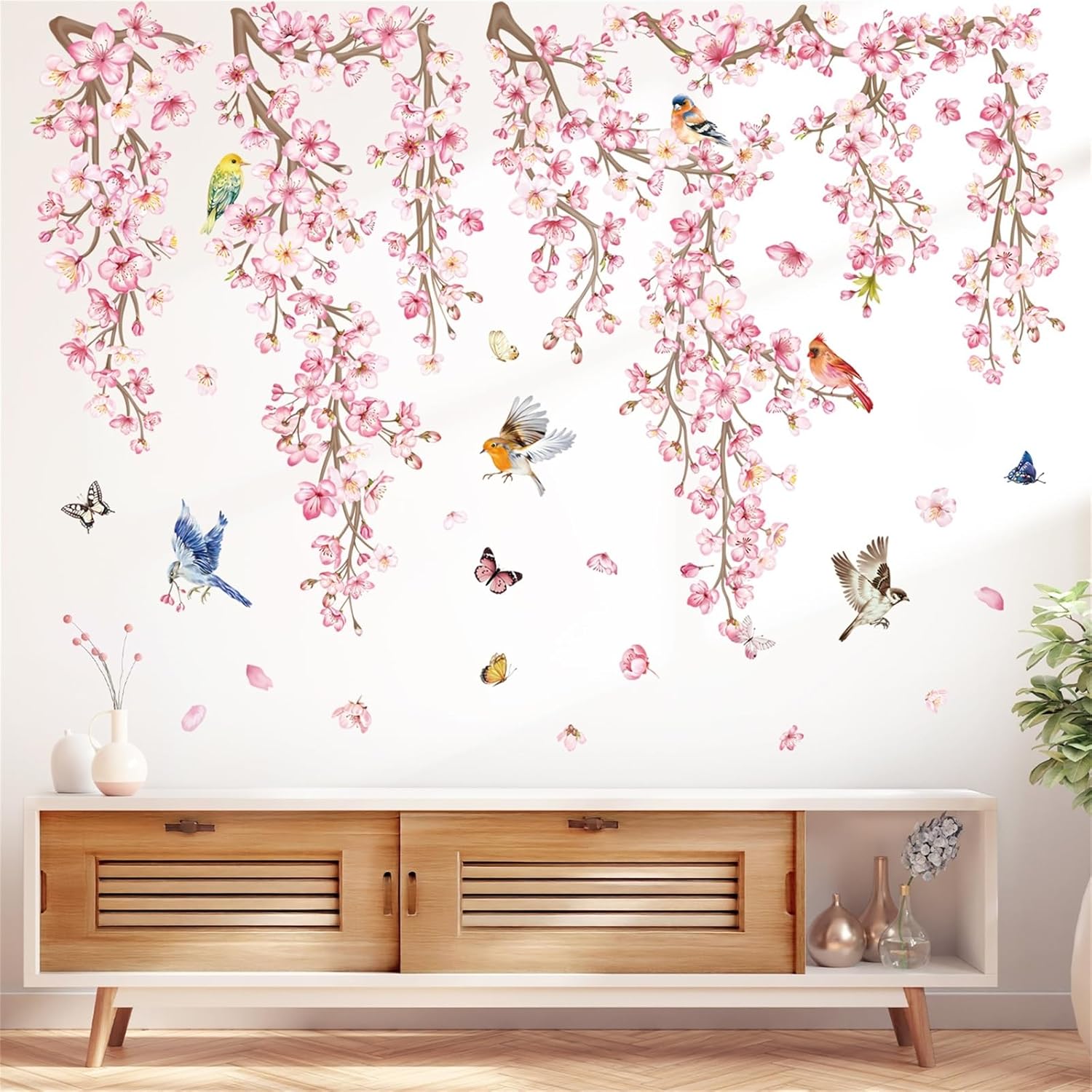 Cherry Blossom Wall Stickers Hanging Floral Tree Branch Birds Peel and Stick / Flower Vine / Pink