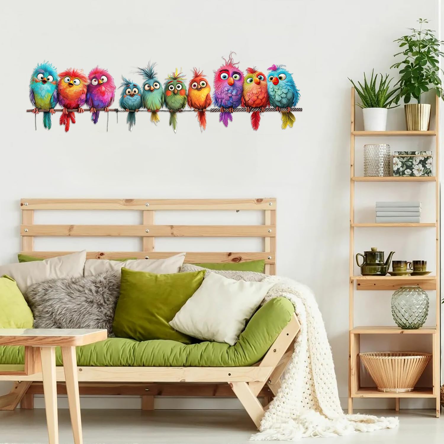 Funny Birds Vinyl Decals on Branch Wall Easy Peel and Stick Watercolor / Colorful / Set of 9