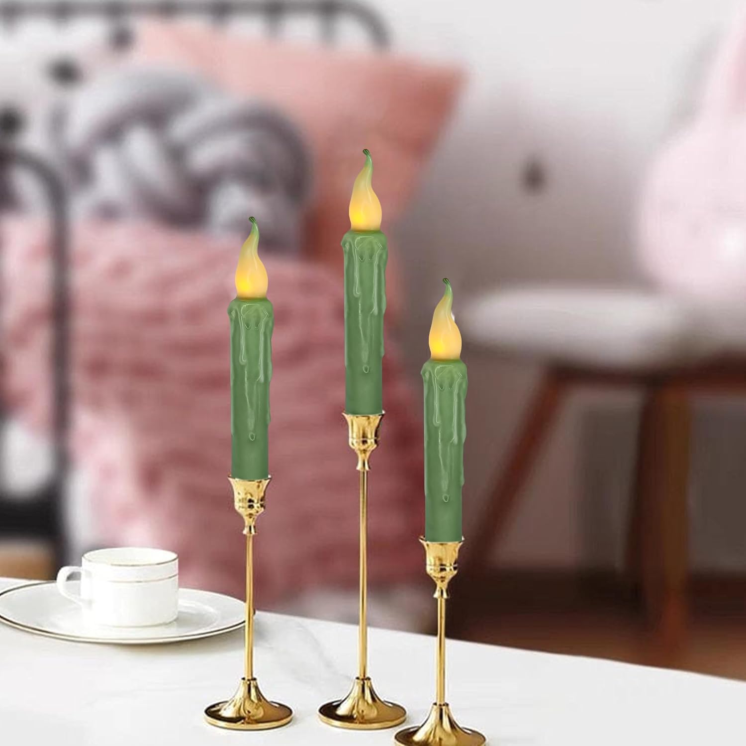 Sage Green Flameless Short Taper Candles, Real Wax Hand Dipped LED Battery Operated with Remote, Flickering Flame