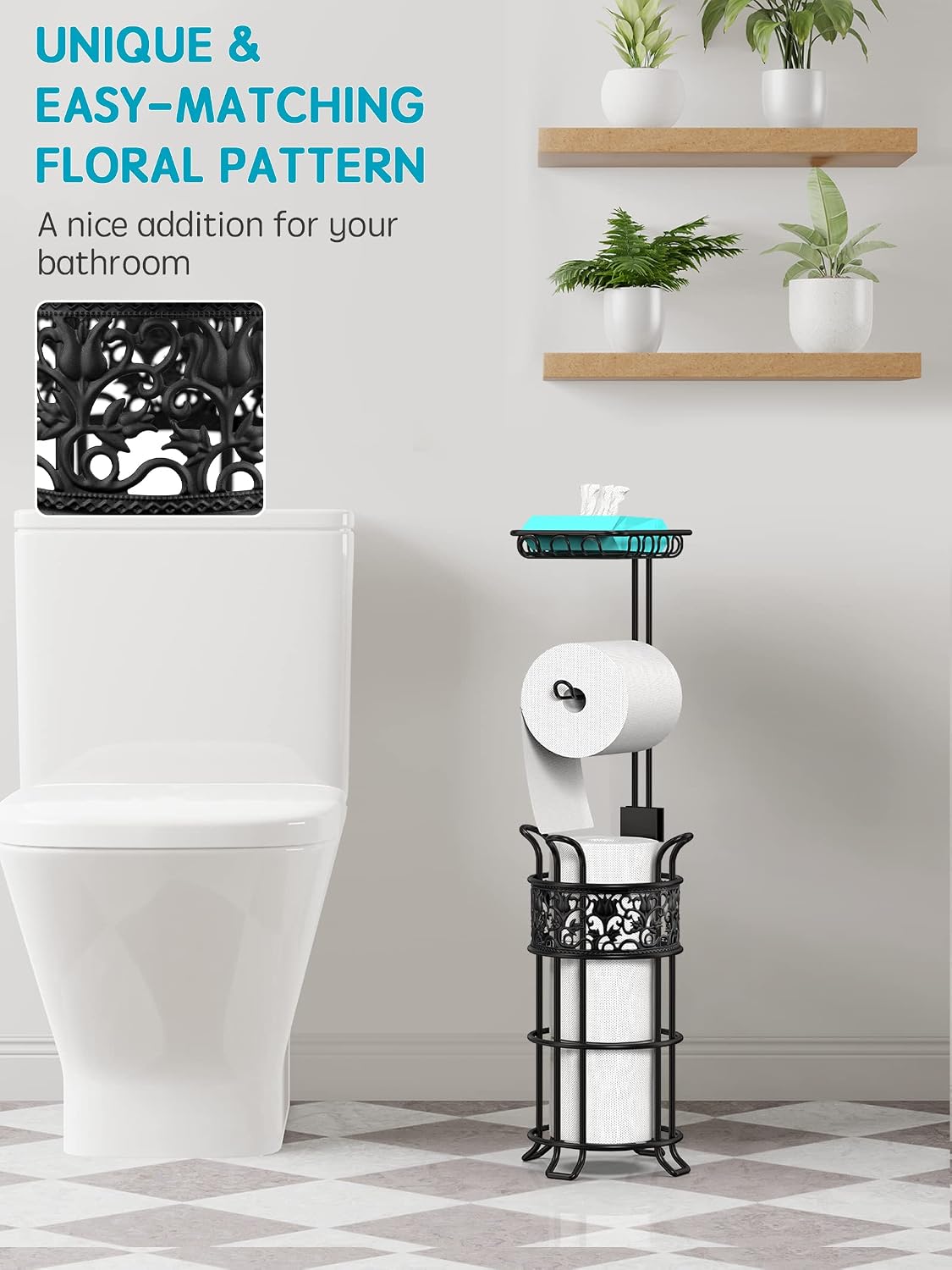 Toilet Paper Holder Stand with Shelf, Free Standing Toilet Paper Roll Dispenser Holds 3 Big Rolls of Jumbo Mega Paper