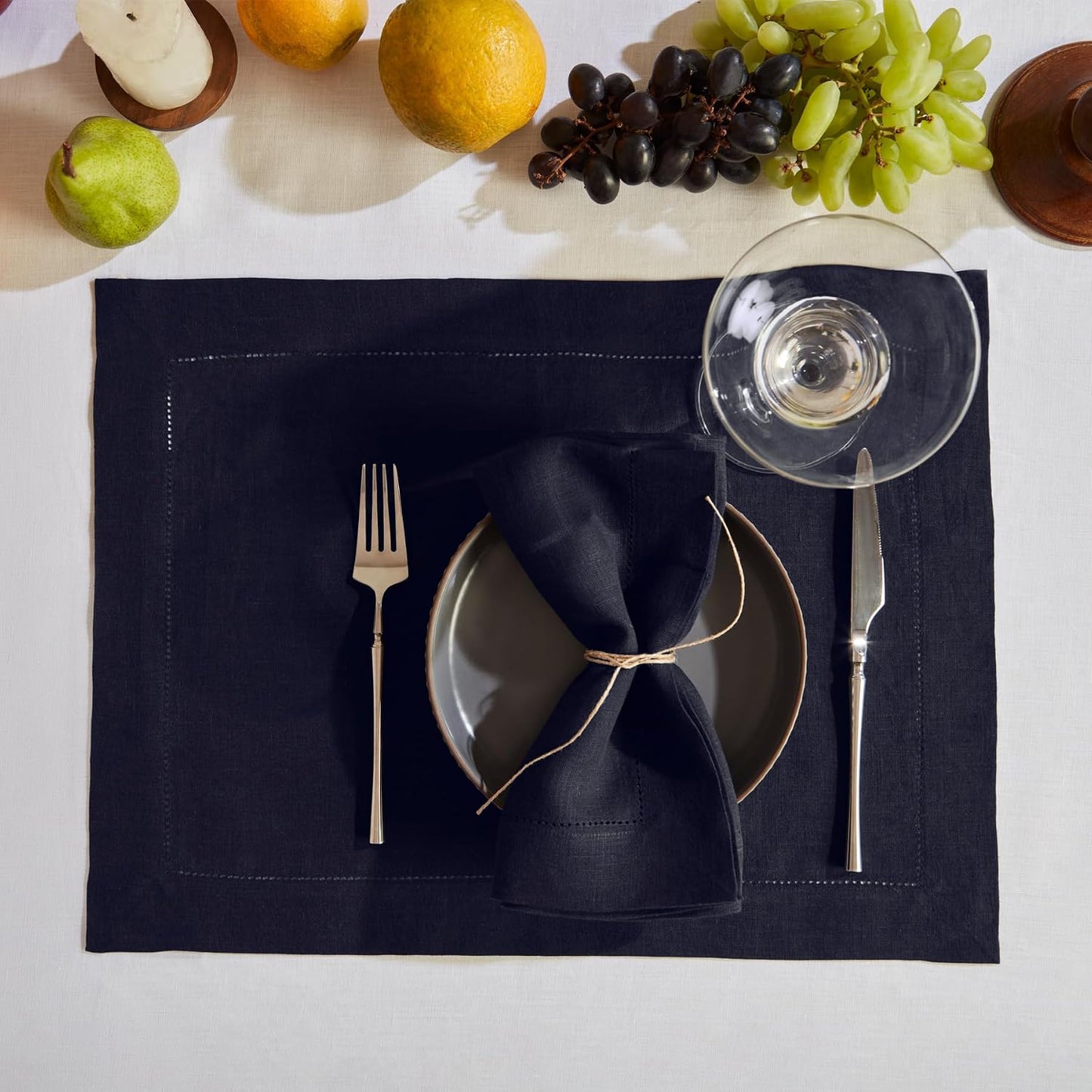Solino Home Linen Cloth Napkins Set of 4-100% Pure Linen Indigo Navy Dinner Napkins 20 x 20 Inch - Sonoma Hemstitch