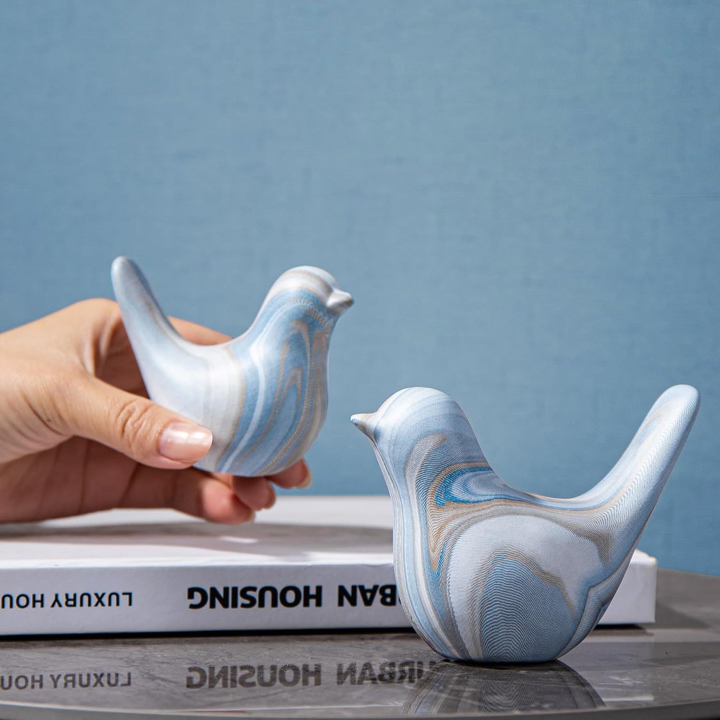 Hand-Painted White Marble Ceramic Bird Statues / Blue / Set of 2
