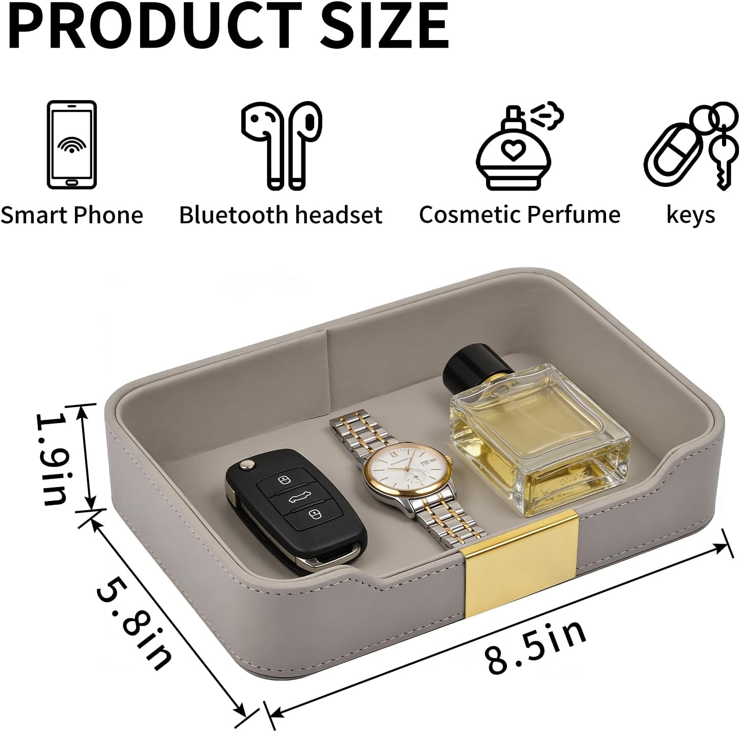 Leather Valet Tray Desktop Storage Organizer / 8.5 x 5.8 x 1.9 / Gray
