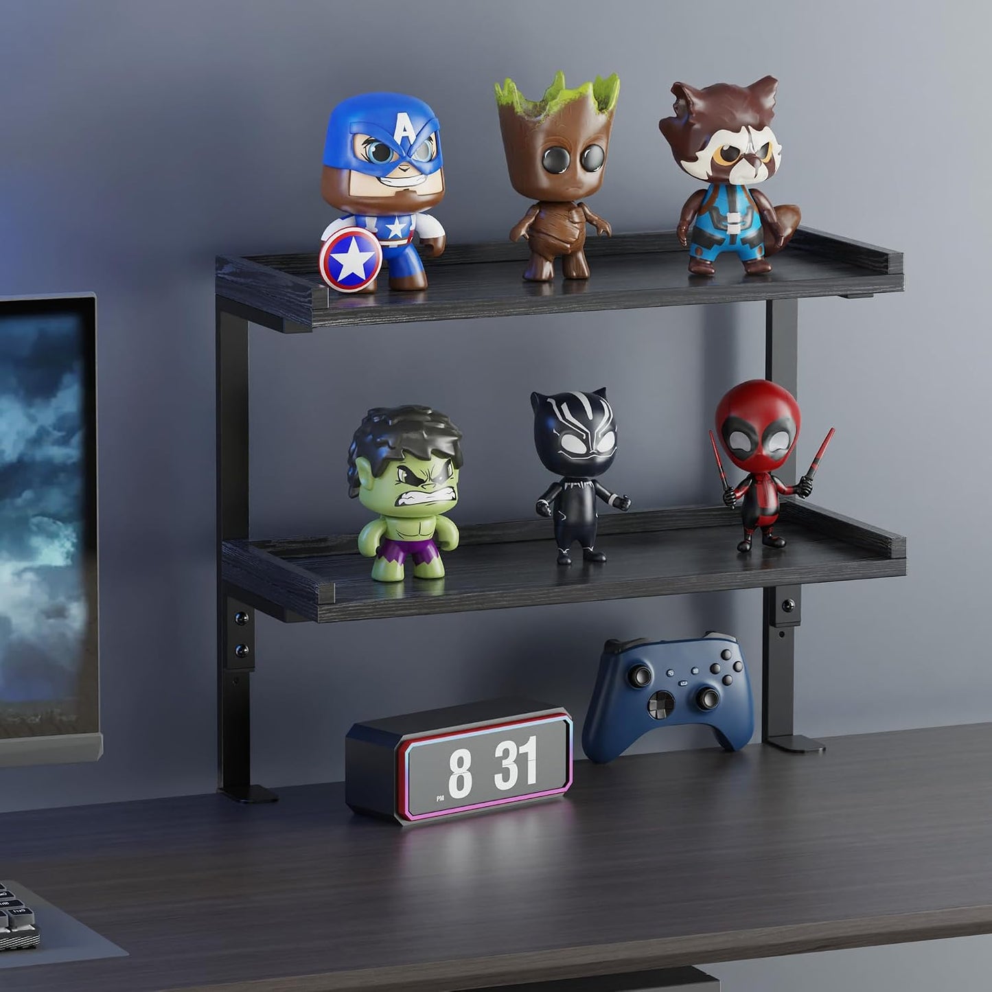 Clamp On Desk Shelf 2-Tier, 16.5 in Wood Shelving Unit for Office Desk/Gaming Accessories, Tabletop Book Storage Rack