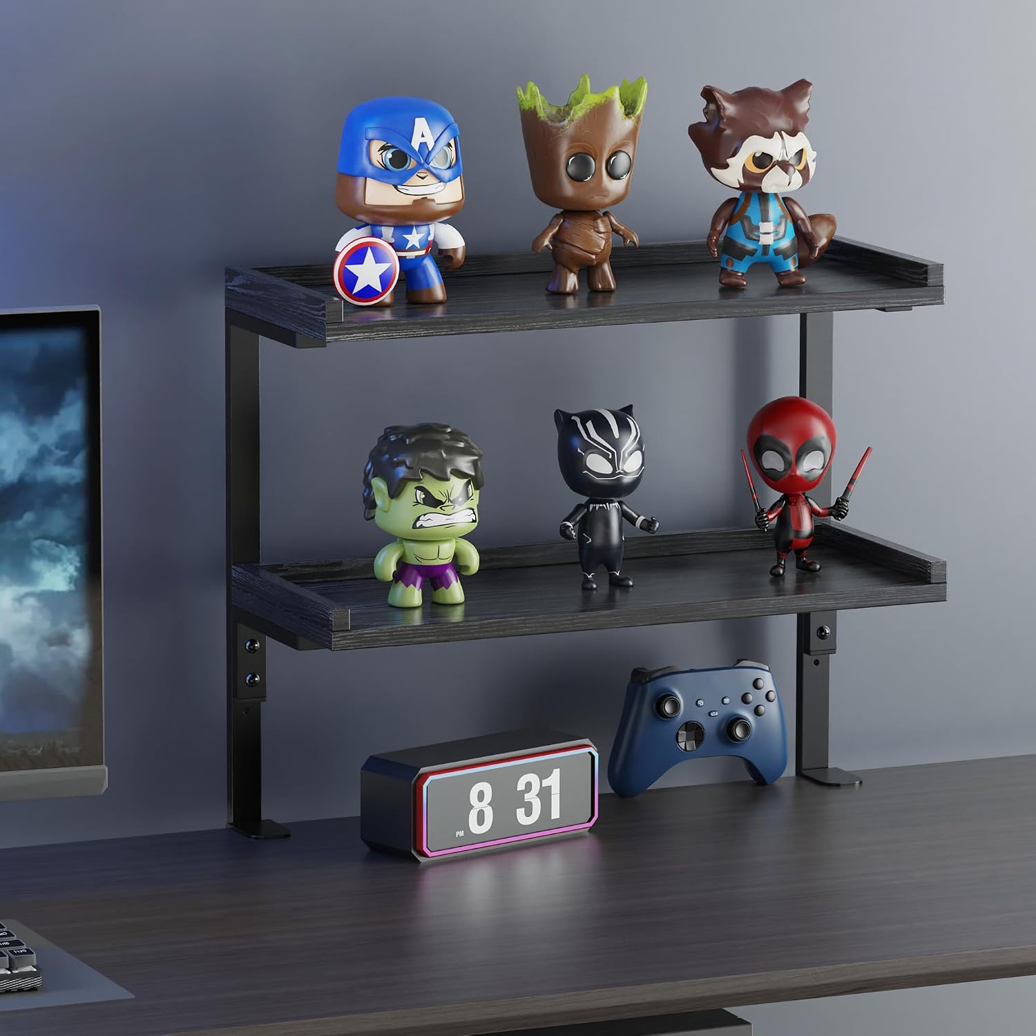 Clamp On Desk Shelf 2-Tier, 16.5 in Wood Shelving Unit for Office Desk/Gaming Accessories, Tabletop Book Storage Rack
