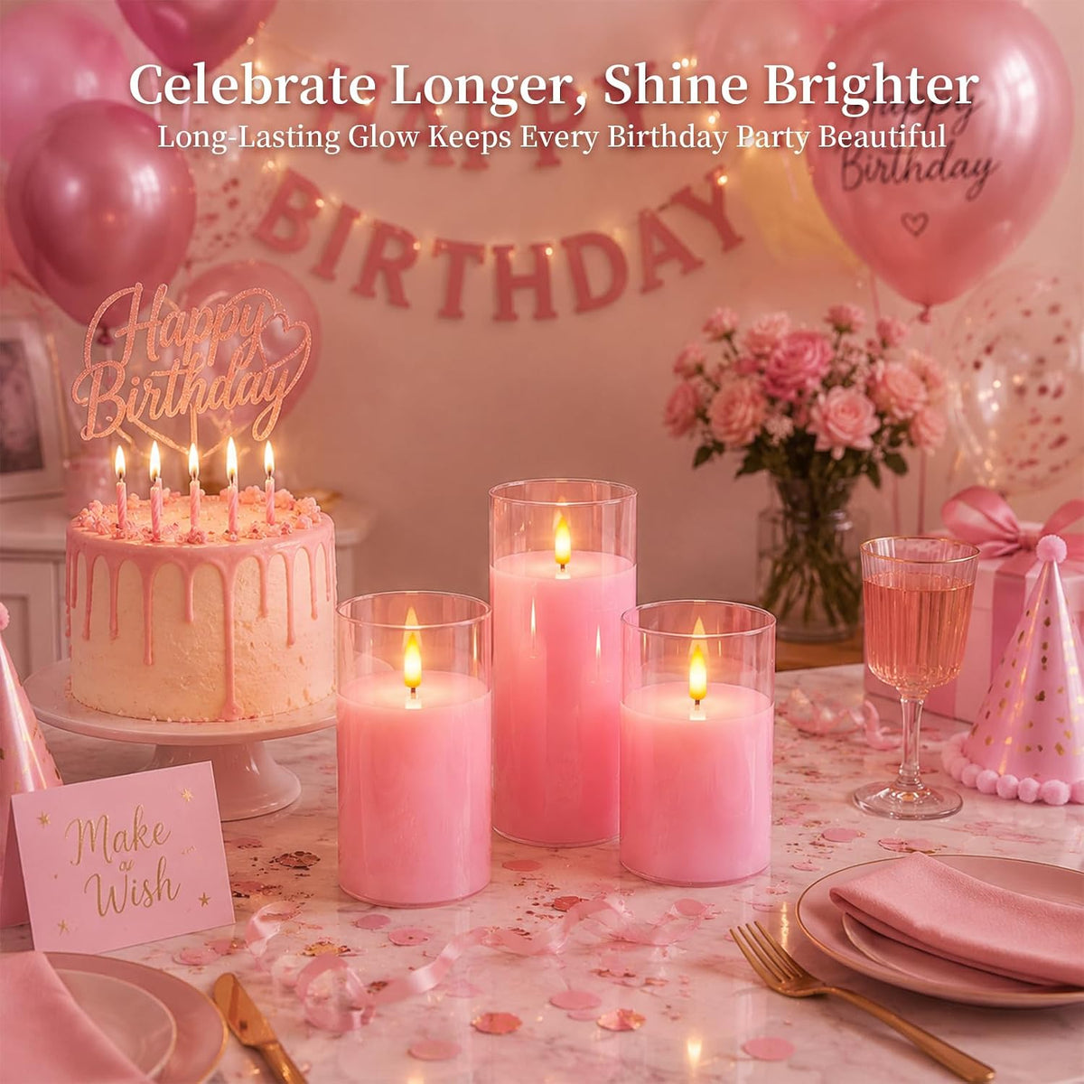 Amagic Pink Glass Flameless LED Candles Battery Operated with Remote Timer | Real Wax Pillar Electric Candle, 3D