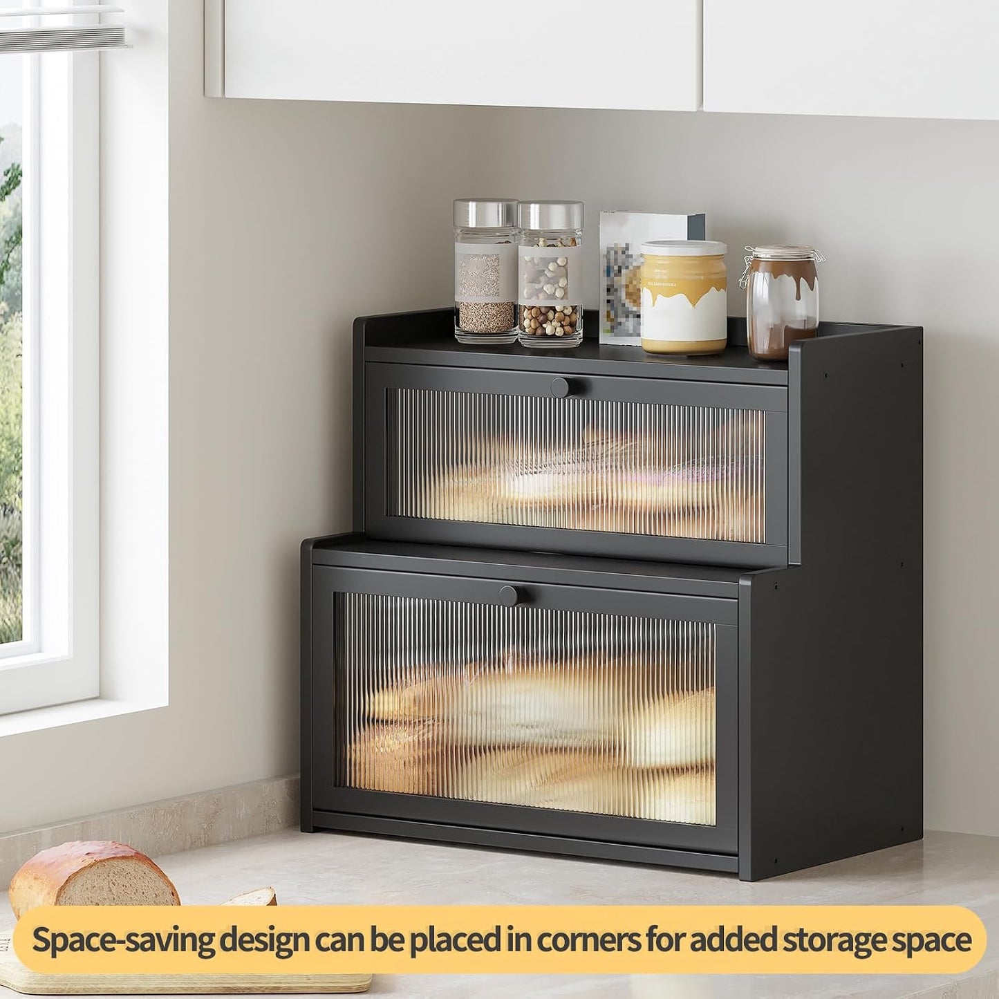 Double Layer Bamboo Bread Box for Kitchen Counter,Bread Holder,Countertop Bread Storage with Window (Black)