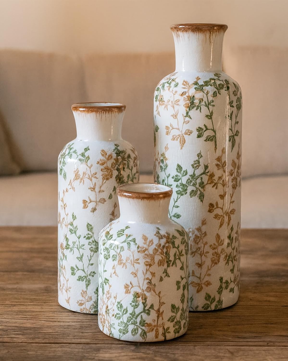 Ceramic Vase / Vintage Ceramic Flower Vases / Green & Brown01 / Set of 3