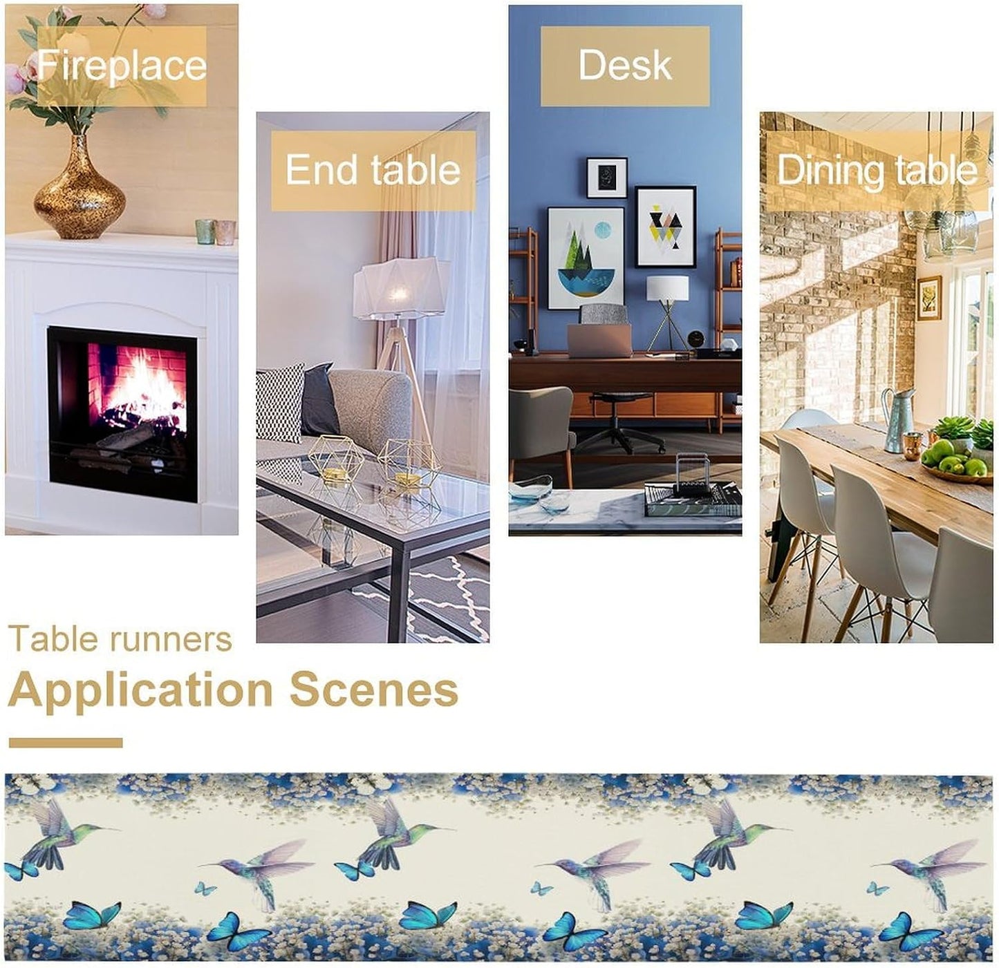 Hummingbird Flower Table Runner, Watercolor Spring Garden Theme Blue Flowers Butterfly Hummingbird Patterns Printed