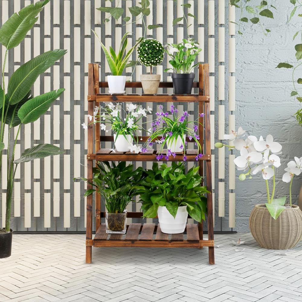 Yaheetech Wooden Plant Stand, 3-Tier Foldable Ladder Shelf, Indoor Outdoor | 23.6 x 15 x 36.6 in Plant Ladder for Pots