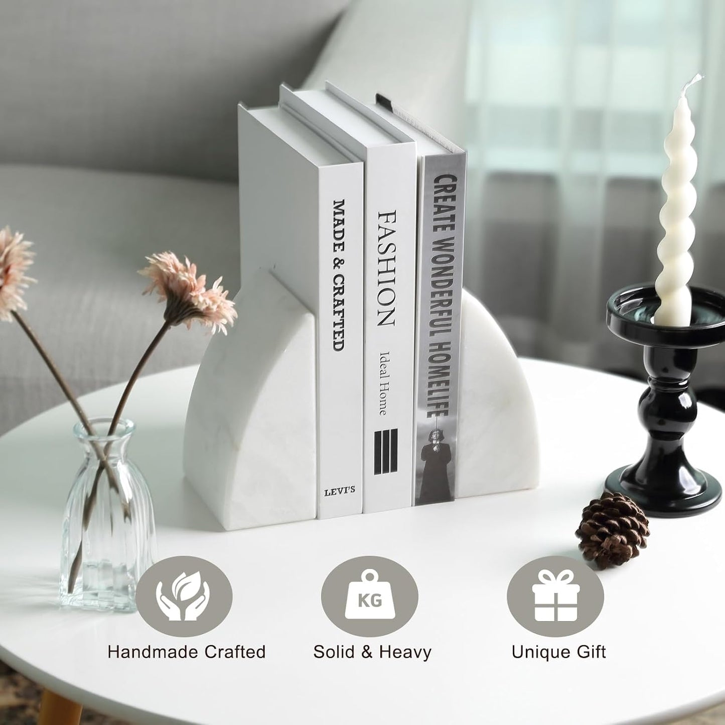 Marble Bookends / Large Bookends for Heavy Books / Sail-white