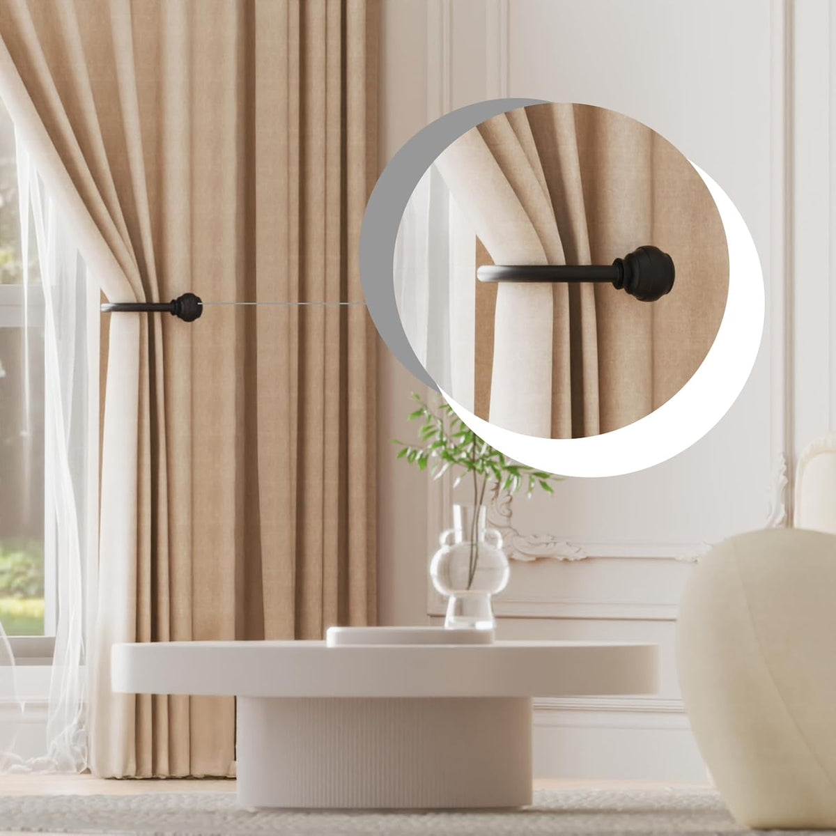 Hion Curtain Holdbacks Black 6pcs, Curtain Tiebacks Wall Mounted Hooks | Curtain Holders for Drapes, One-Piece Metal