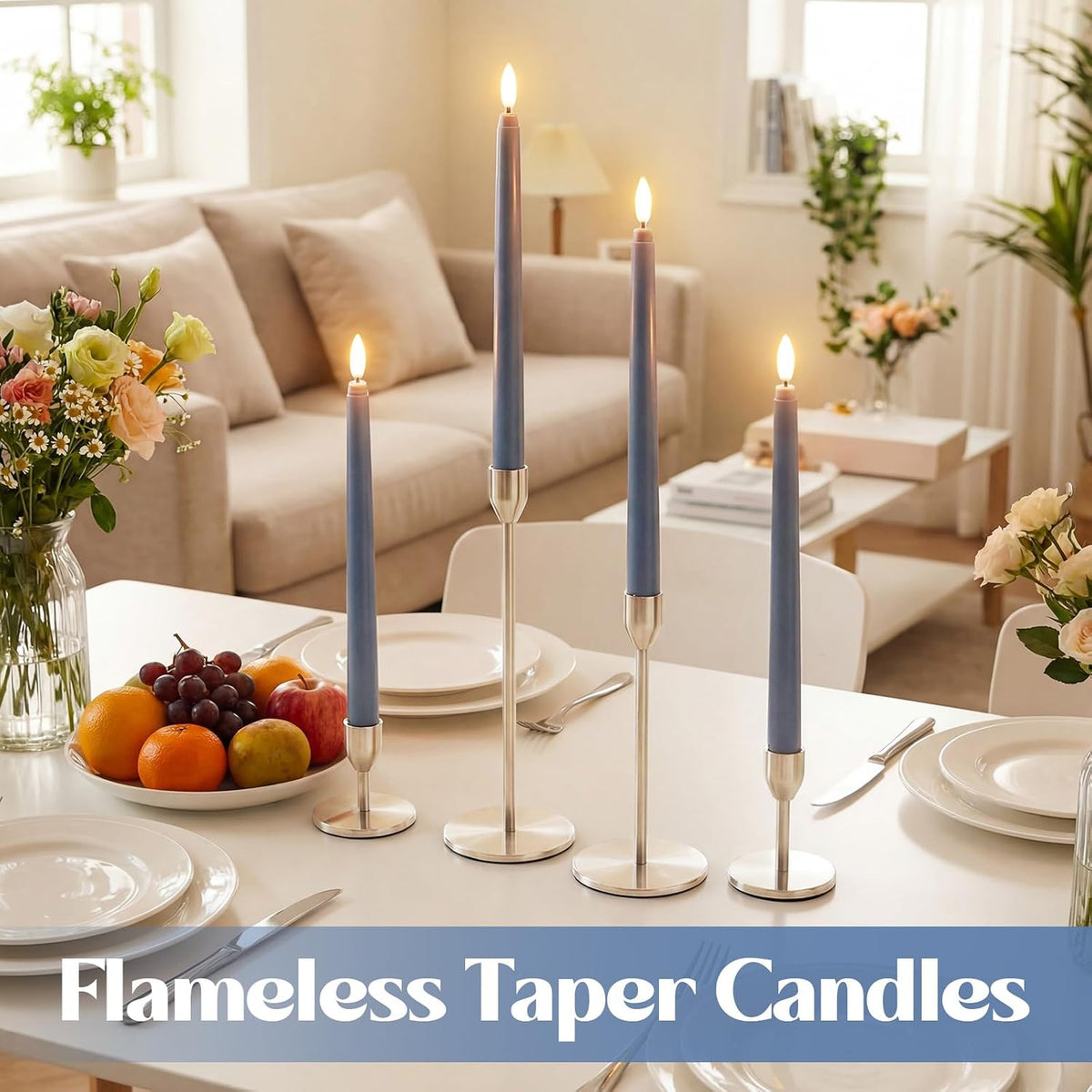 Macarrie 24 Packs Flameless Taper Candles Battery LED 11",Haze Blue | Fake Candlelight Flameless Candlesticks