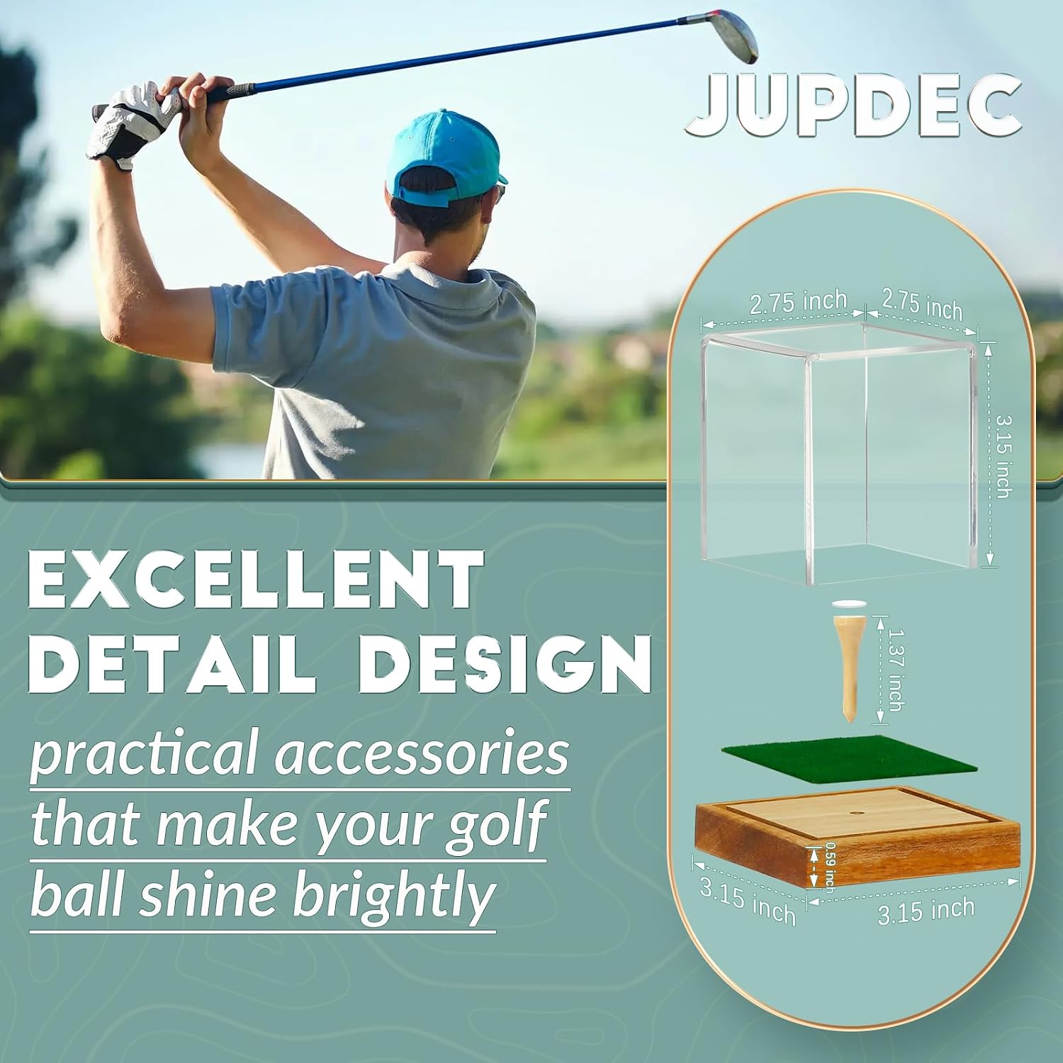 Golf Ball Display Case Clear Acrylic Memorabilia Stand Cube Holder with Wood Base & Tee, Dust Protection Transparent