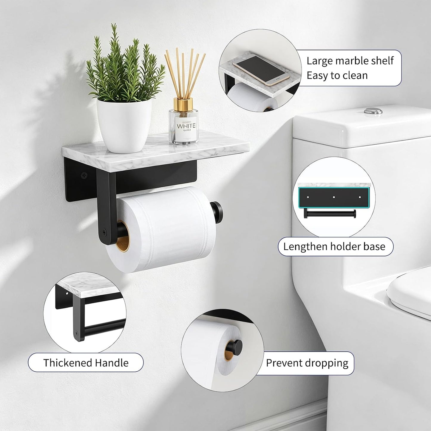 Gypie Marble Toilet Paper Holder with Shelf, Wall Mounted Matte Black | Stainless Steel Tissue Roll Paper Holder