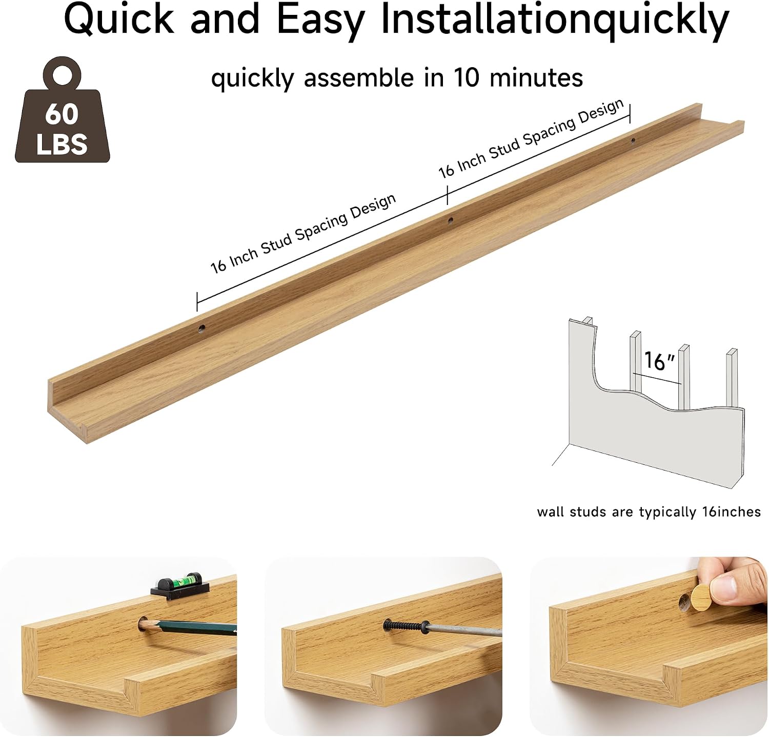 Fun Memories Picture Ledge Shelf, 48 Inch Floating Shelves Set of 2, Large Nursery Book Shelves for Toys Storage, Kids