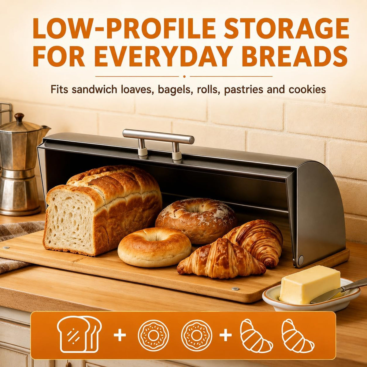 Bread Box for Kitchen Countertop, Modern Stainless Steel Roll-Top M | Clear Acrylic Viewing Door with Frosted Pattern