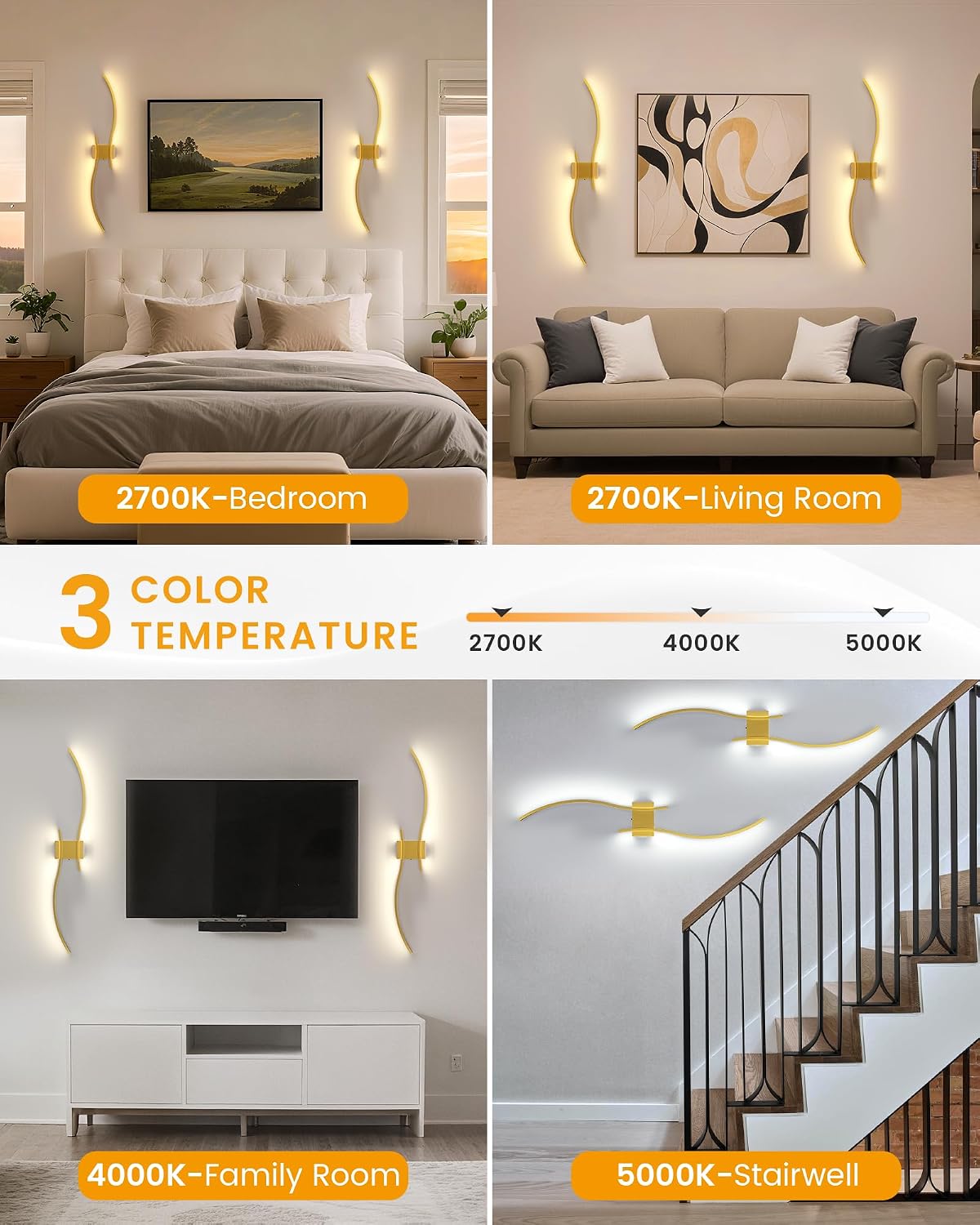 39.4 Inch Battery Operated Wall Sconce Set of 2, Gold Modern Rechargeable Wall Lights with Remote, 3CCT Dimmable