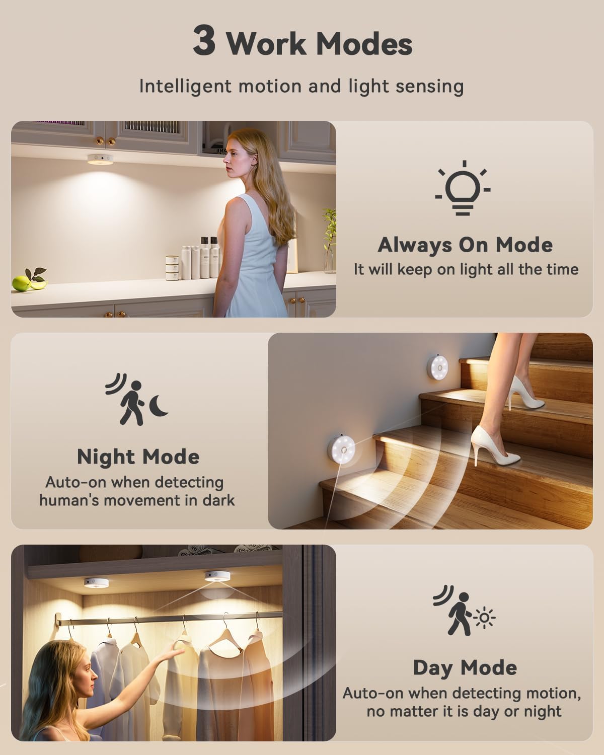 LENOMA Puck Lights with Remote 4 Pack Rechargeable Under Cabinet Lighting | 3 Color Temps 12 RGB Color LED Motion